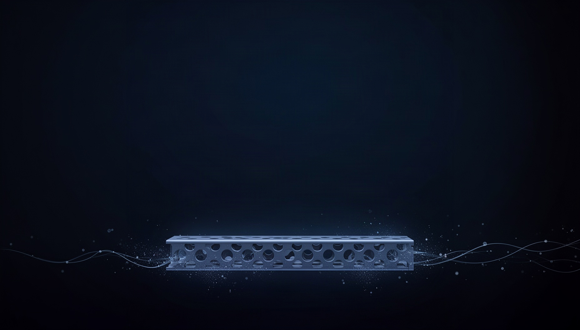 Engineering presentation background with a holographic cable tray along the bottom edge, deep navy