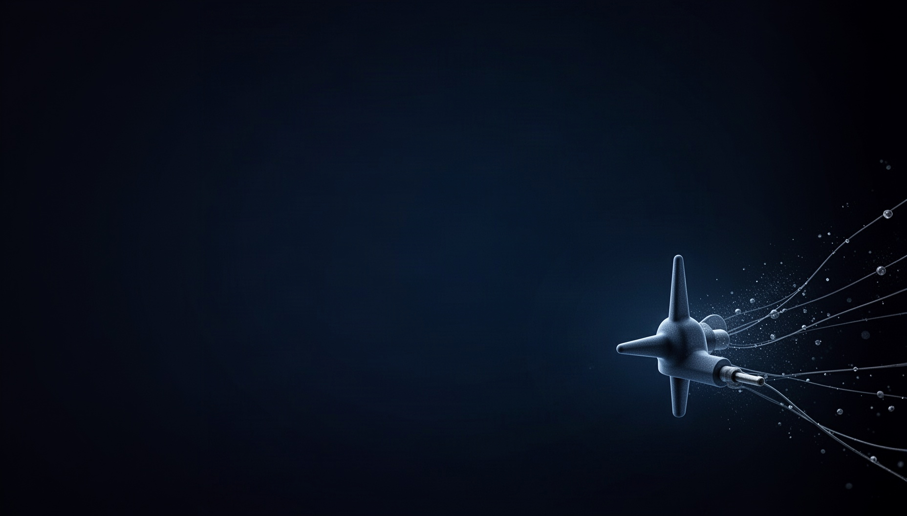 Engineering presentation background with a holographic lightning rod in opposite corners, deep navy