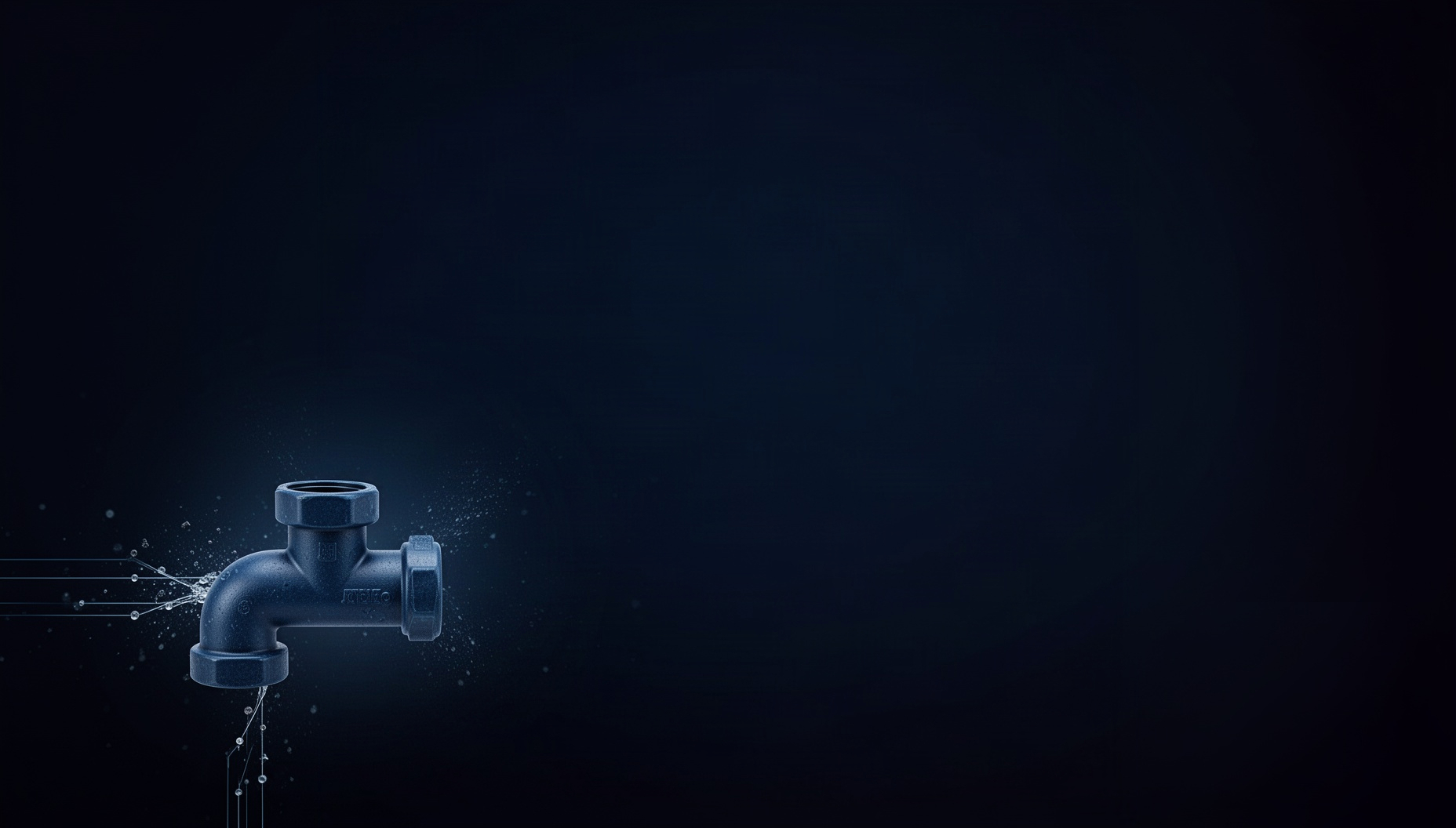 Engineering presentation background with a holographic sprinkler pipe in opposite corners, deep navy