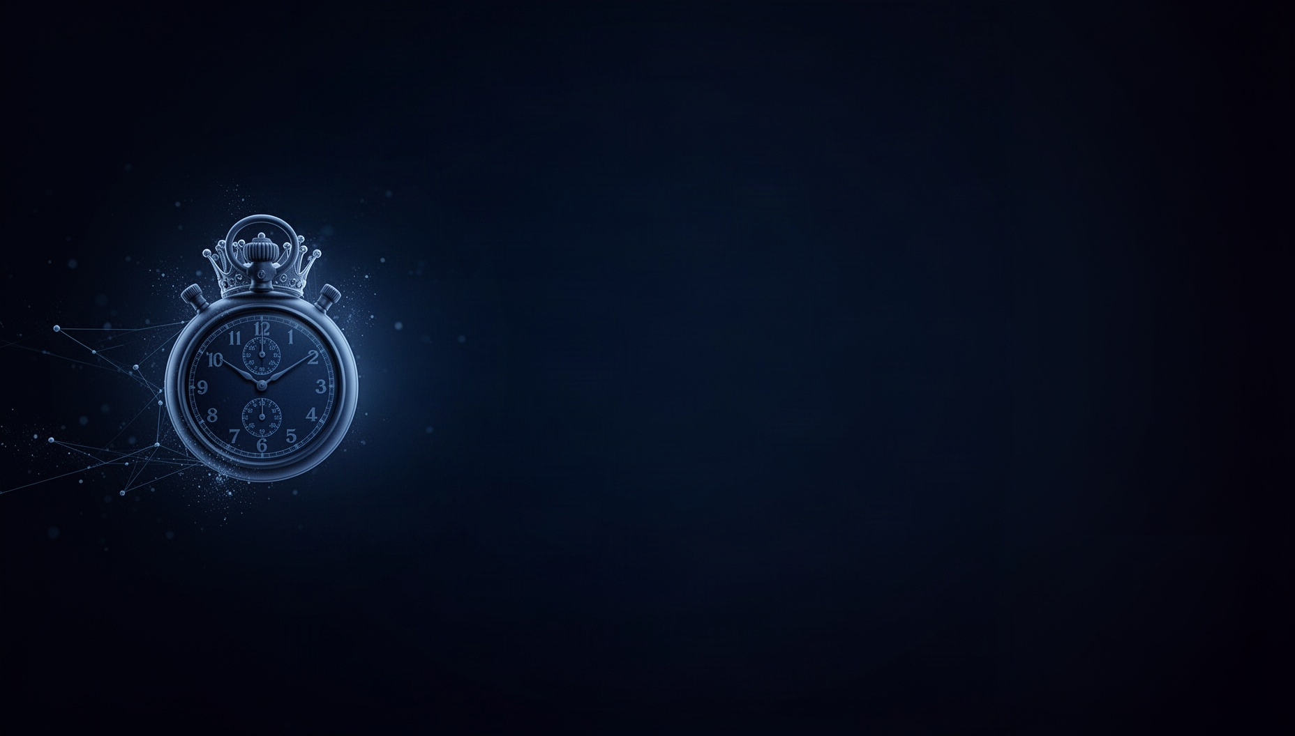 Time powerpoint background with a holographic stopwatch crown on the left edge, deep navy