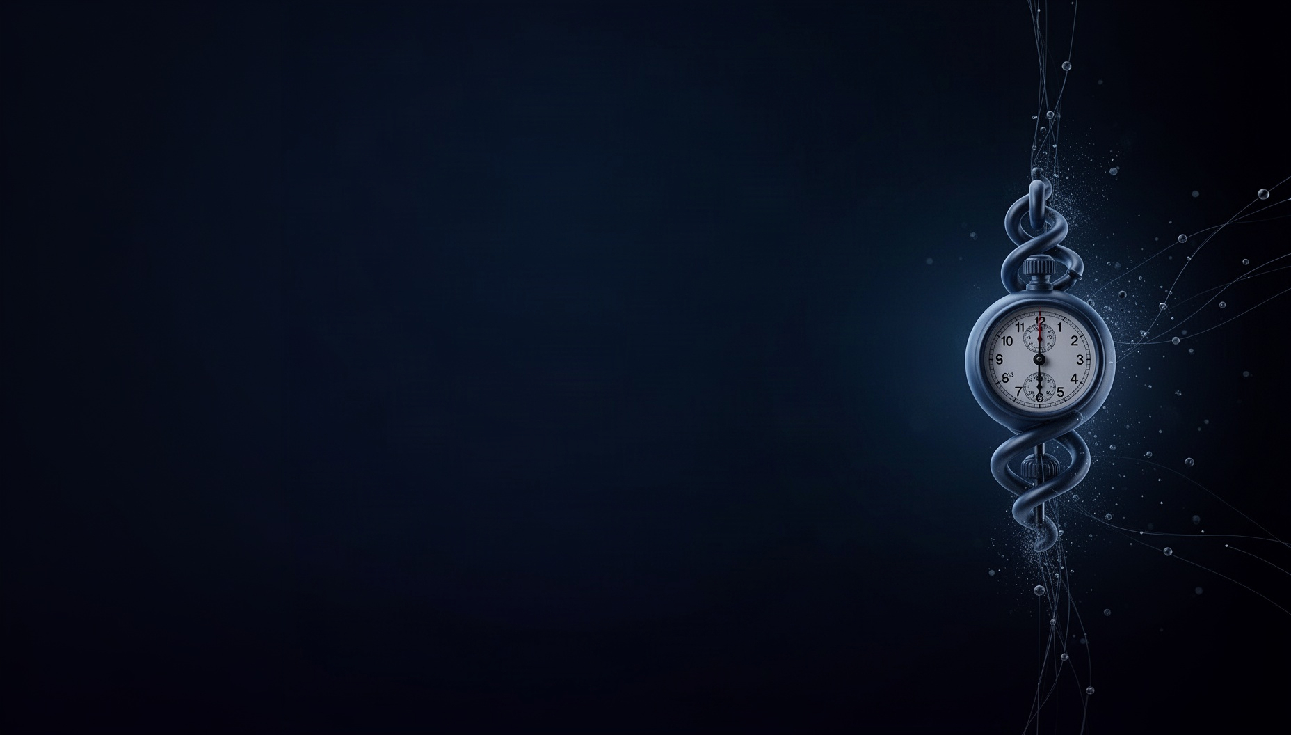 Time powerpoint background with a holographic mechanical timer stem on the right edge, deep navy