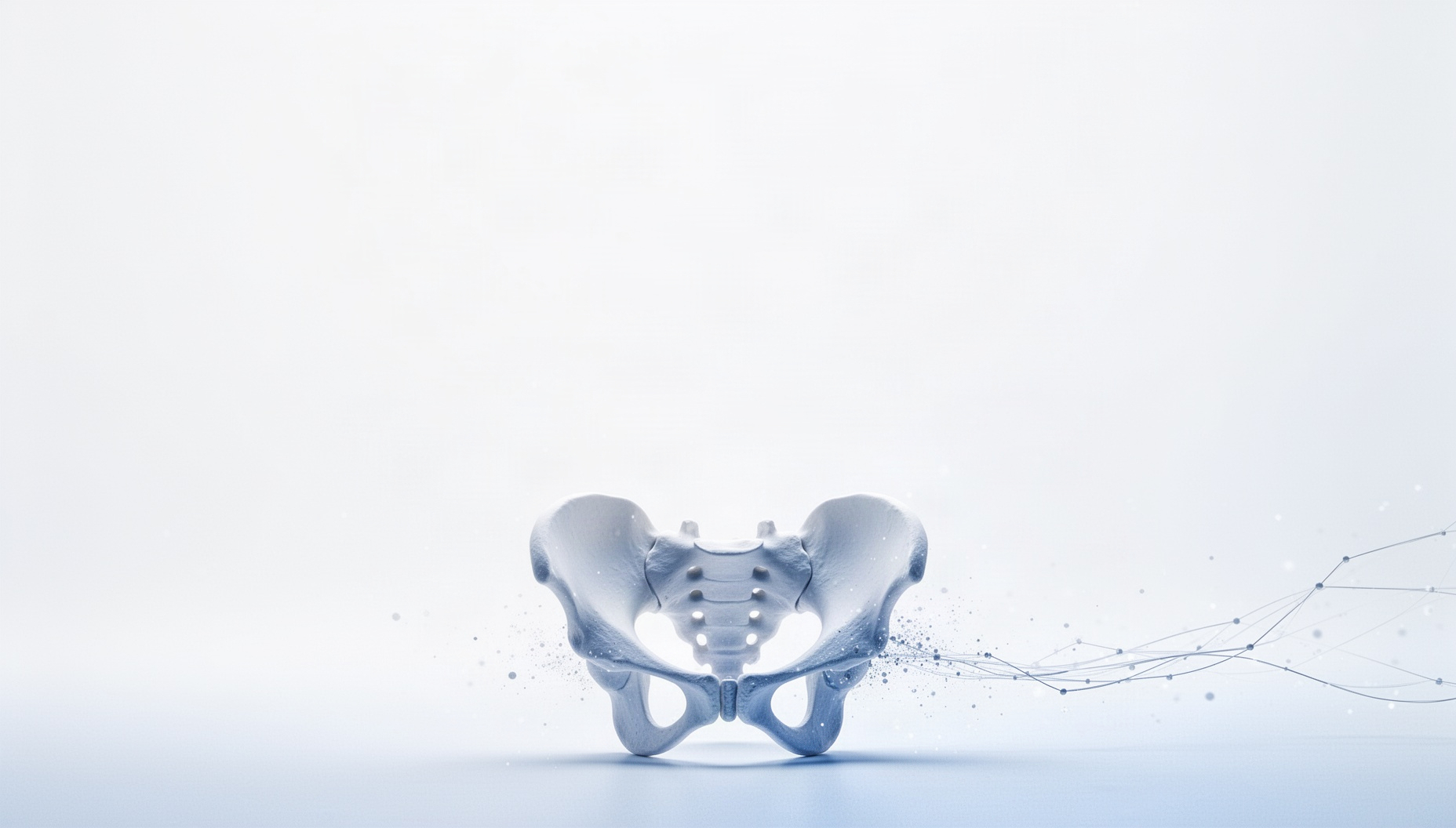 Skeleton PowerPoint background with a holographic pelvis along the bottom edge, white