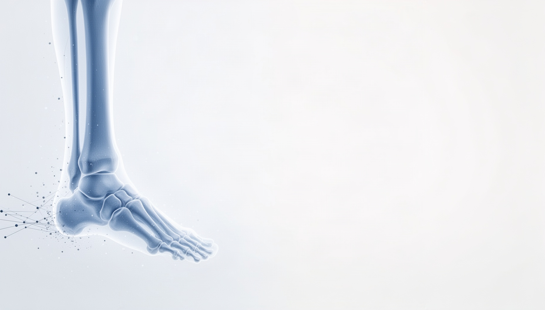 Skeleton PowerPoint background with a holographic fibula in opposite corners (bottom left, top right), white