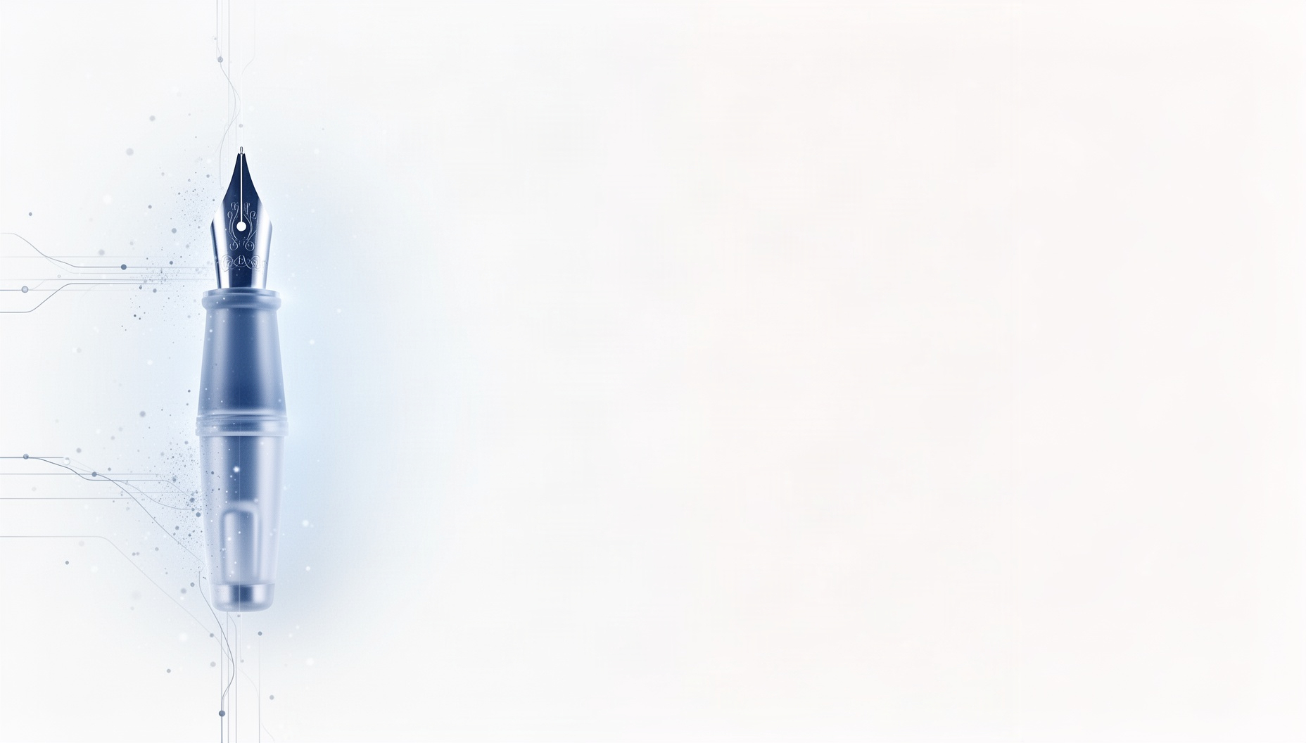 Light blue PowerPoint background with a holographic fountain pen nib on the left edge, white