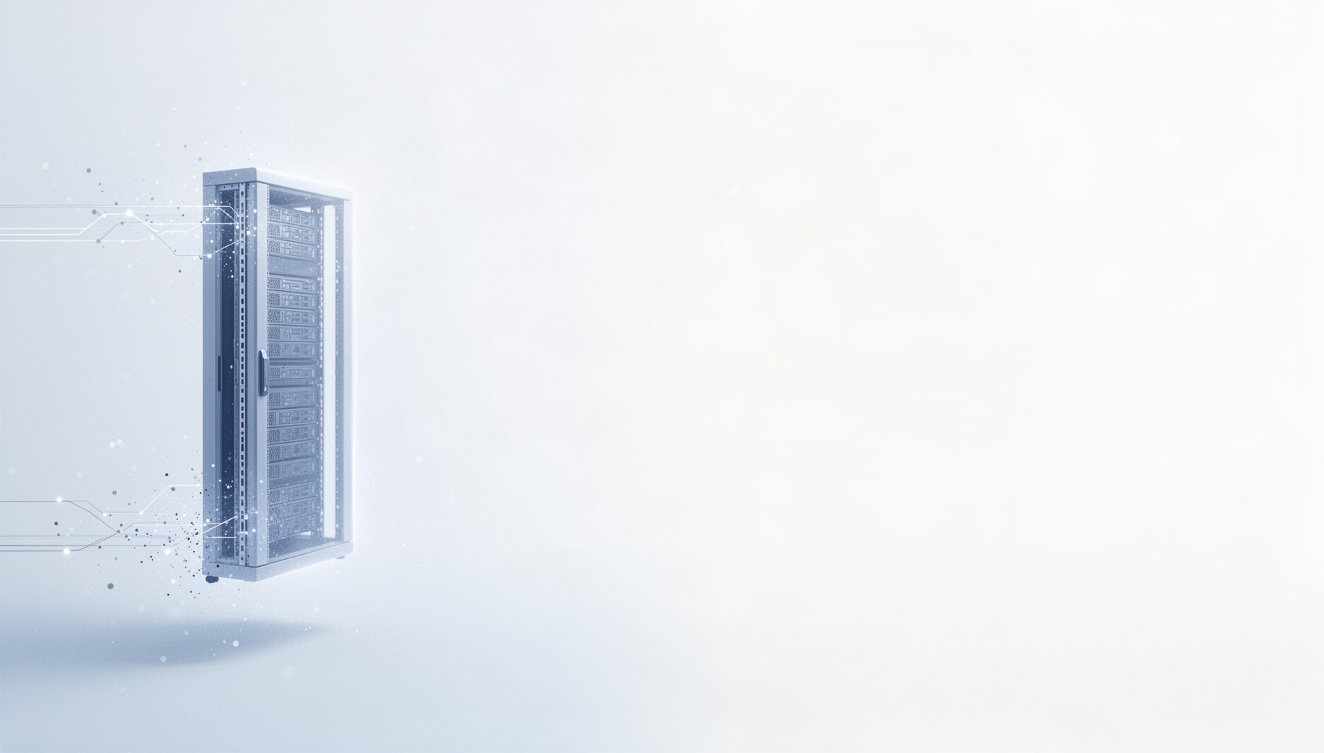 Tech slide background with a holographic server rack rail on the left edge, white