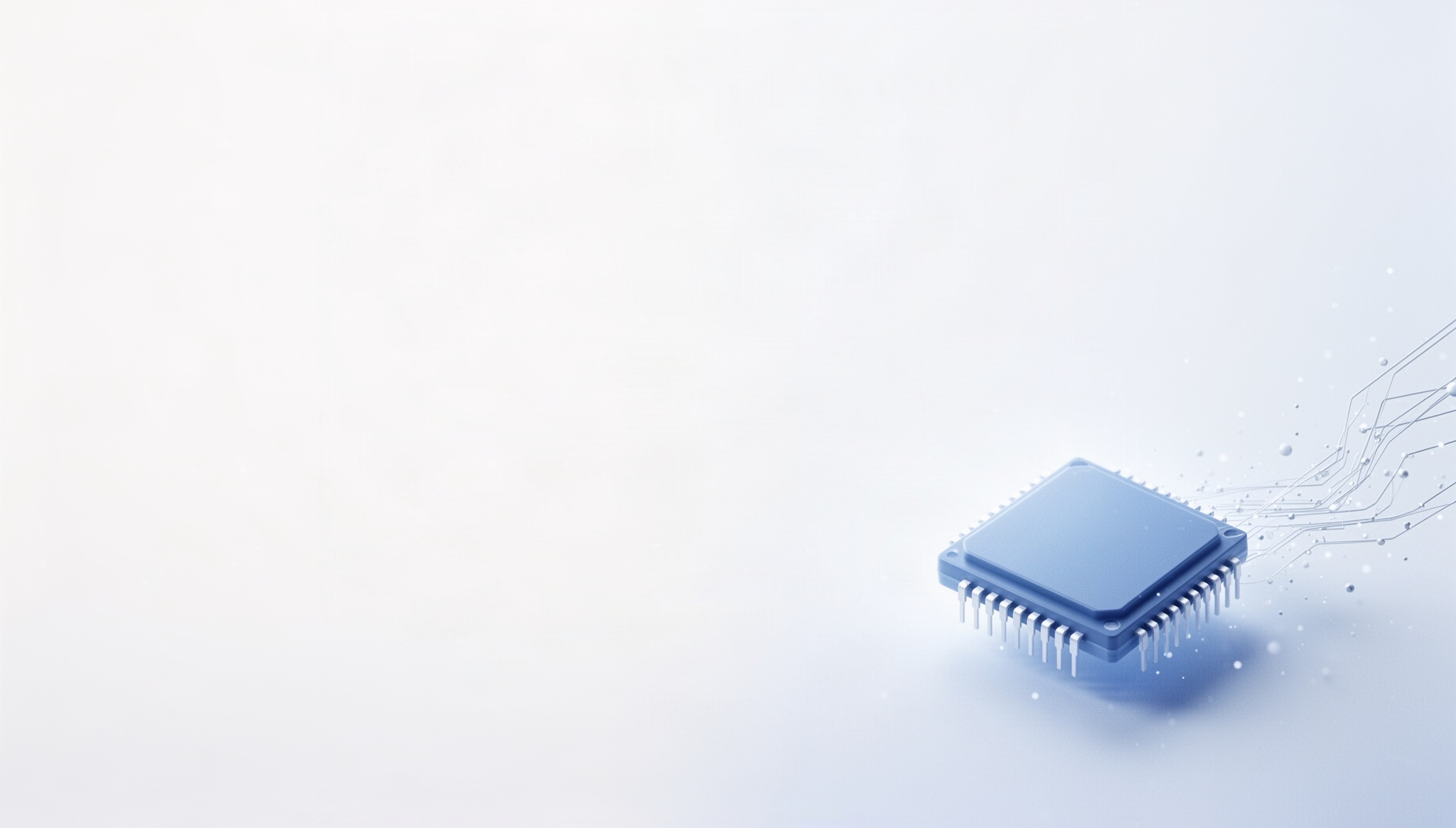 Tech slide background with a holographic processor pins in opposite corners (top left, bottom right), white