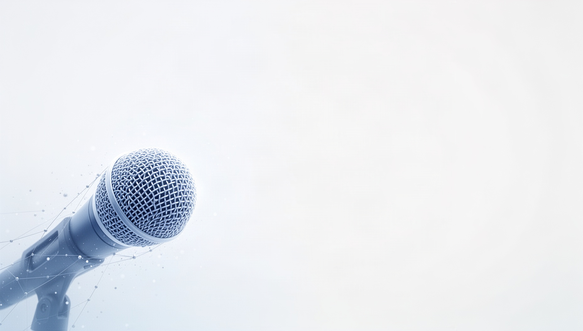 Tech slide background with a holographic microphone grille in opposite corners (bottom left, top right), white