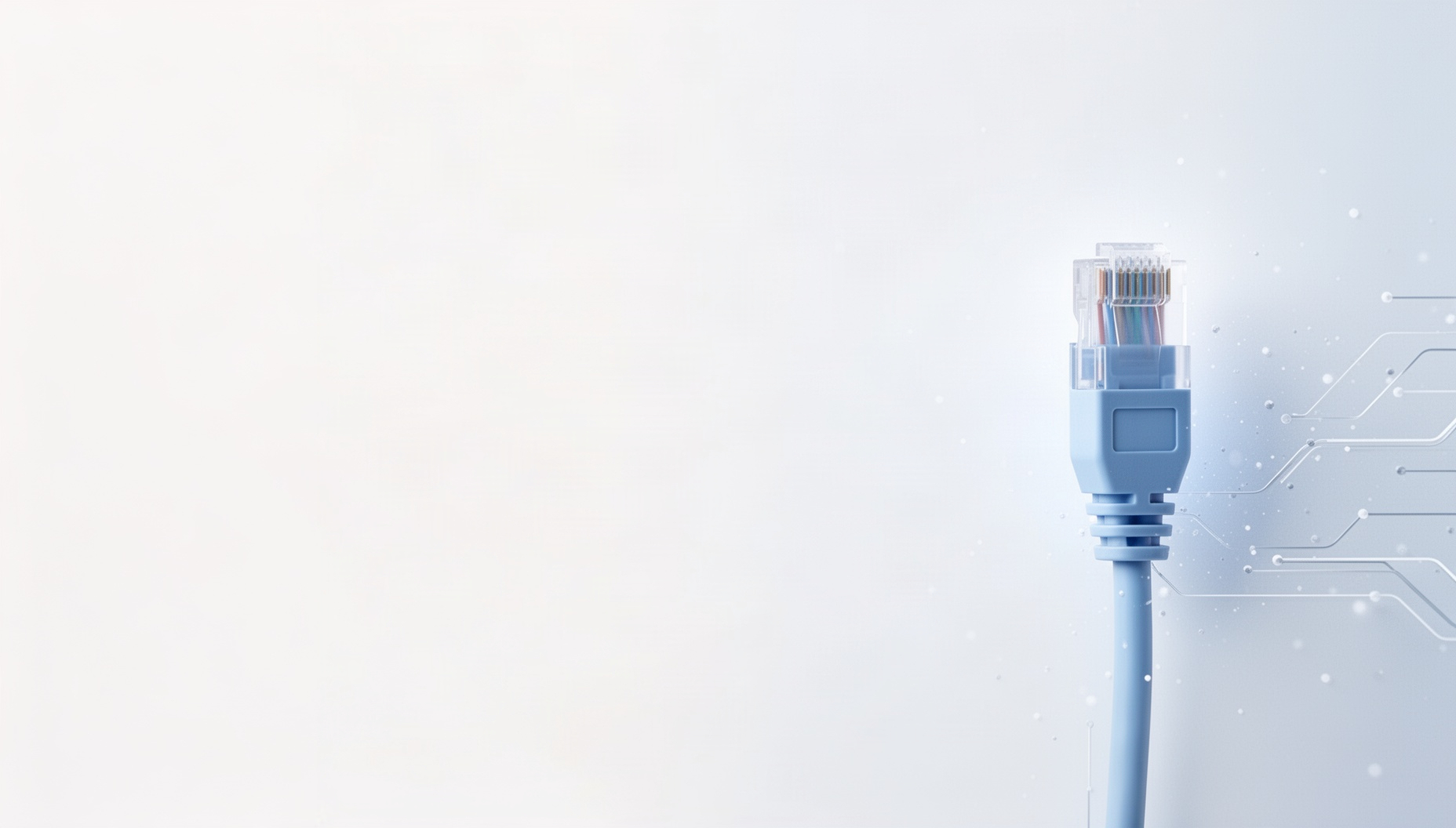 Fiber optic PowerPoint background with a holographic network cable plug on the right edge, white