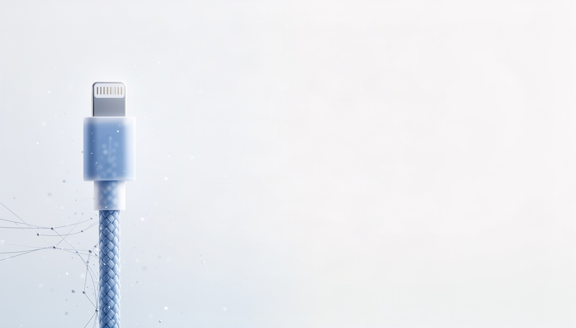 Technology slide background with a charging cable on the left edge, white