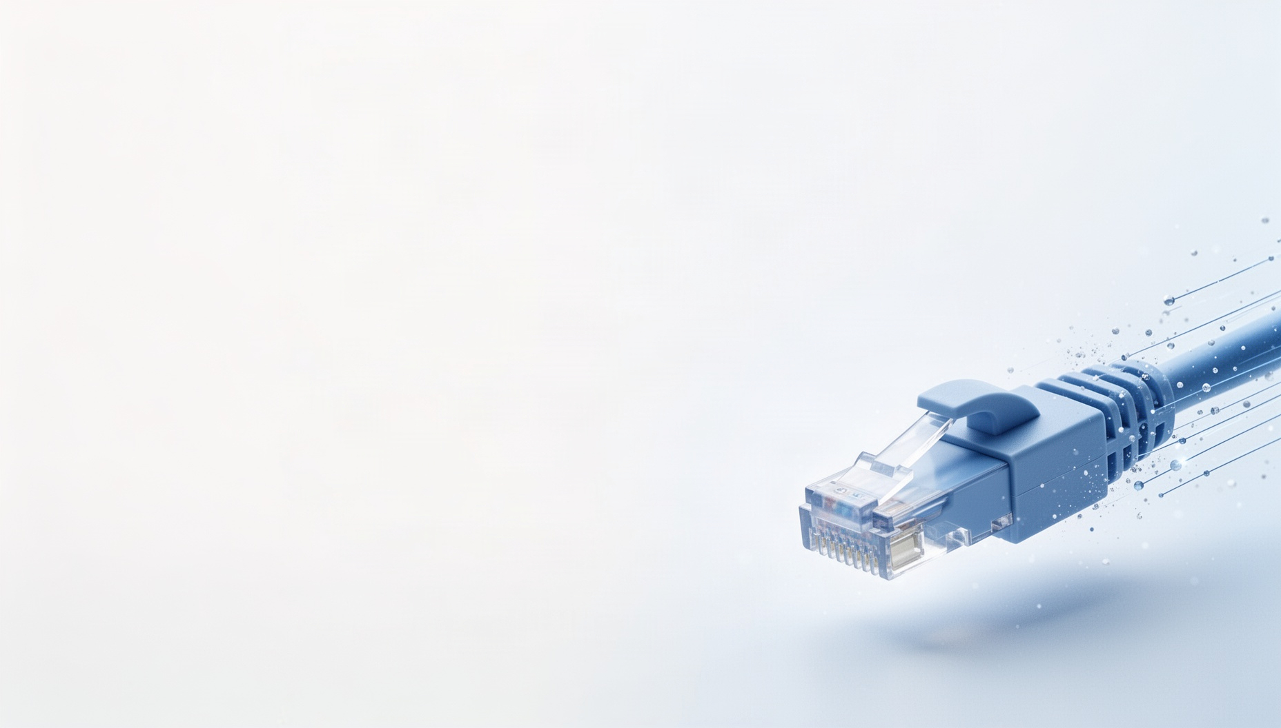 Networking powerpoint background with a 3D-rendered Ethernet plug clip in opposite corners (top left, bottom right), white
