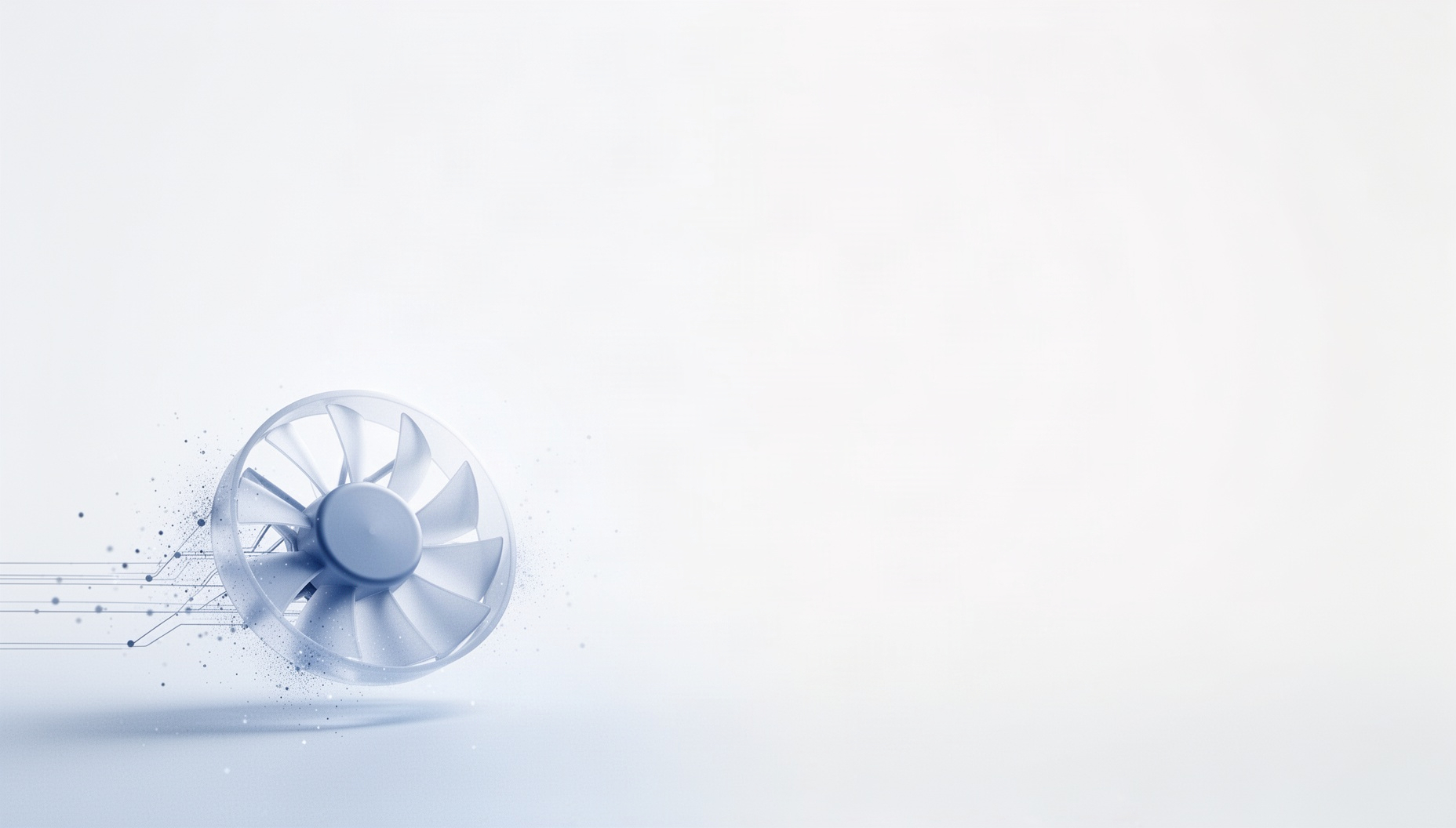 Networking powerpoint background with a 3D-rendered server fan vane in opposite corners (bottom left, top right), white