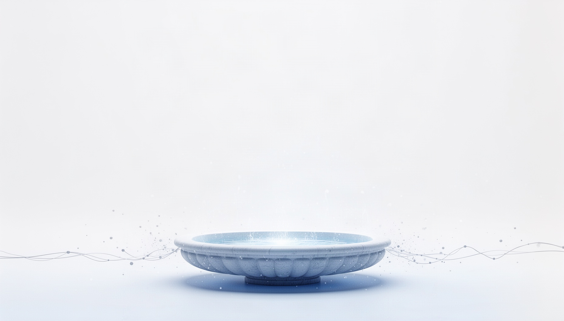 Islamic PowerPoint background with a holographic courtyard fountain along the bottom edge, white
