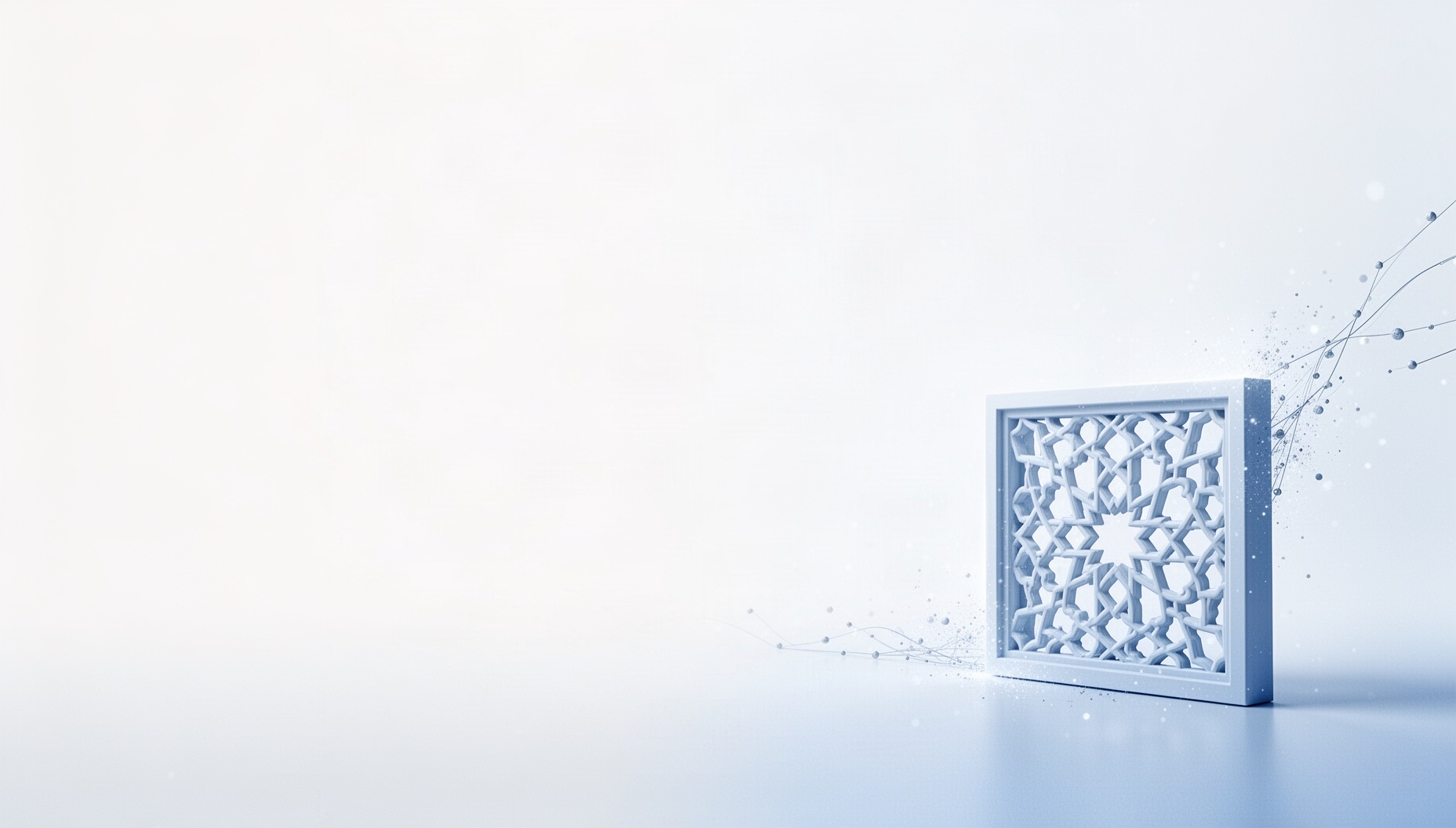 Islamic PowerPoint background with a holographic mashrabiya window in opposite corners, white