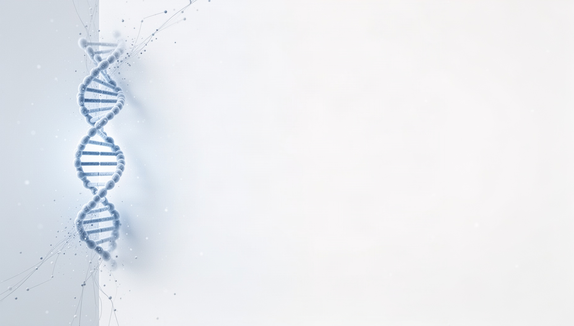 Science PowerPoint background with a holographic DNA double helix on the left edge, white