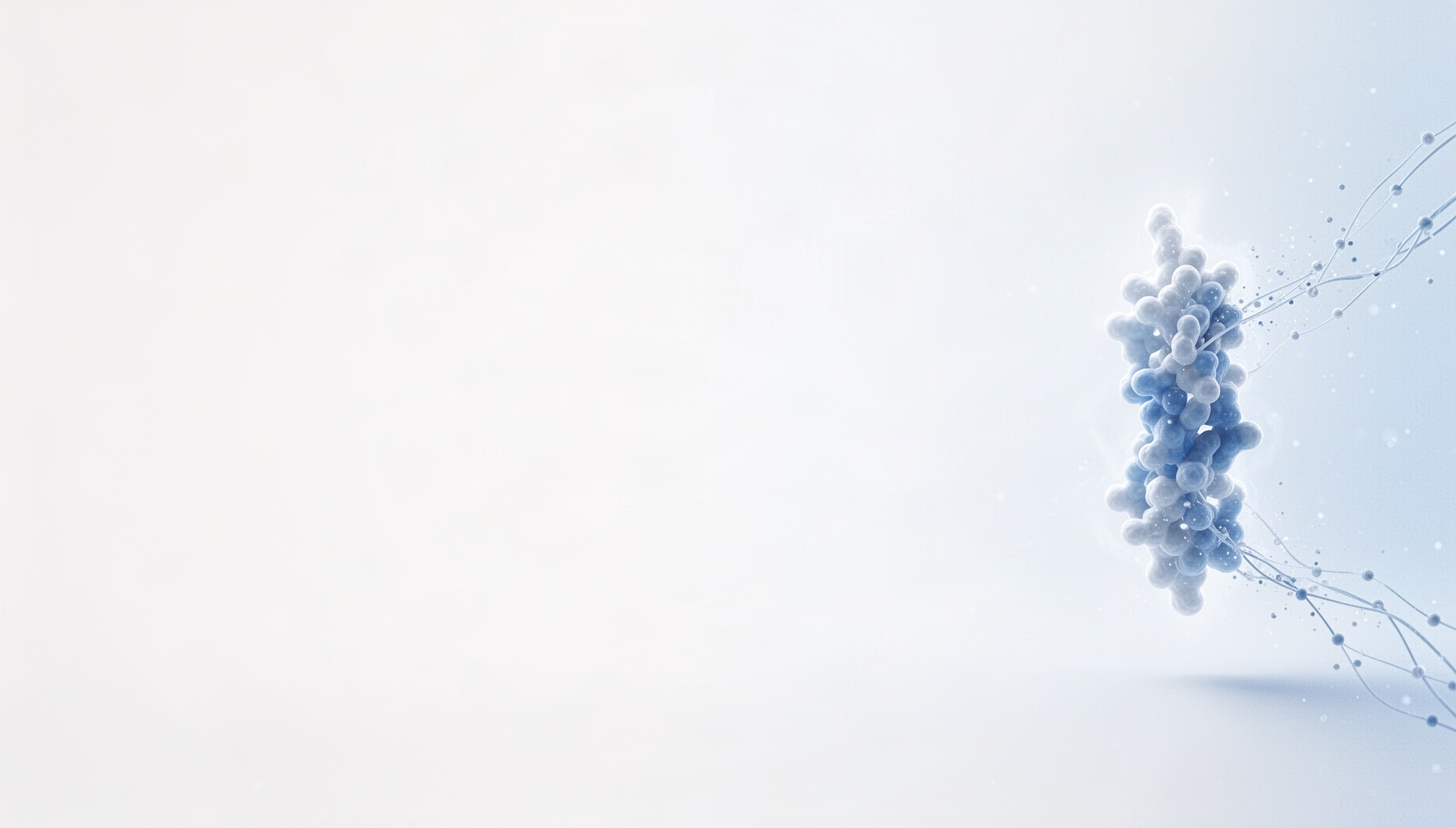 Science PowerPoint background with a holographic repair protein complex on the right edge, white