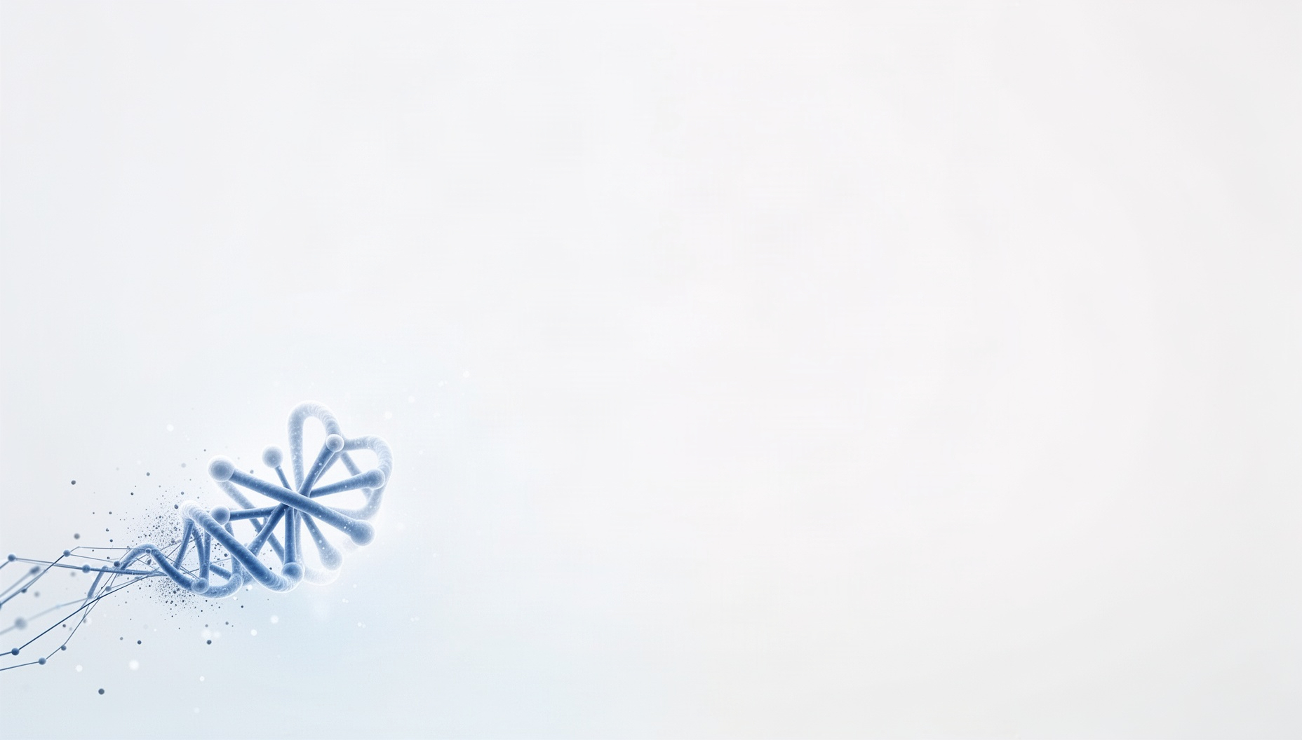 Science PowerPoint background with a holographic protein helix in opposite corners, white