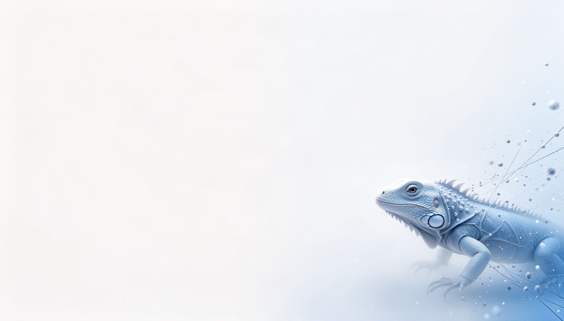 Reptile PowerPoint background with a holographic iguana crest in opposite corners (top left, bottom right), white