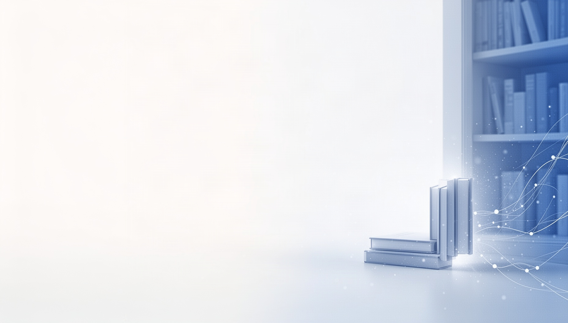 School presentation background with a holographic library bookcase in opposite corners, white