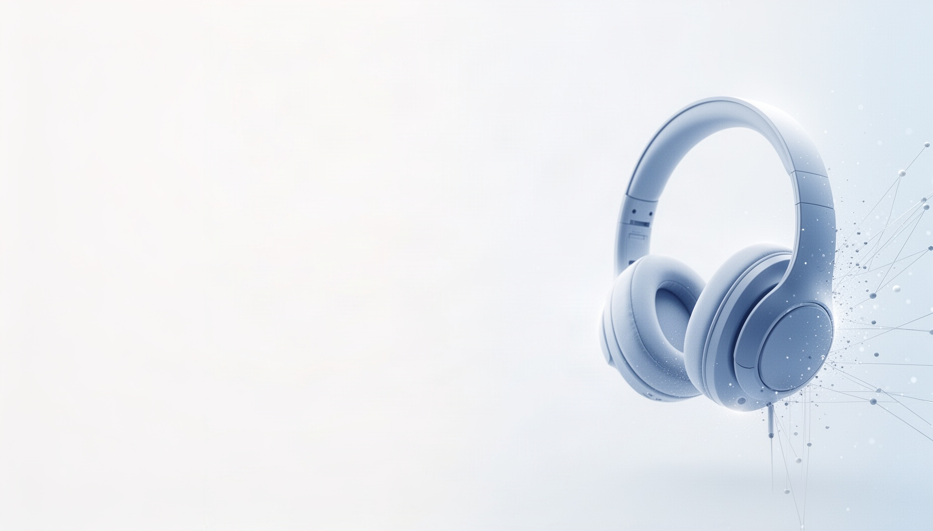 Headphones background for slides with holographic headphones on the right edge, white