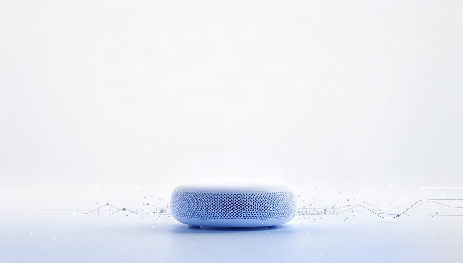 Headphones background for slides with holographic desktop speaker along the bottom edge, white