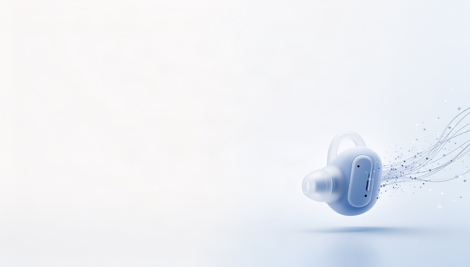 Headphones background for slides with holographic earbud in opposite corners, white