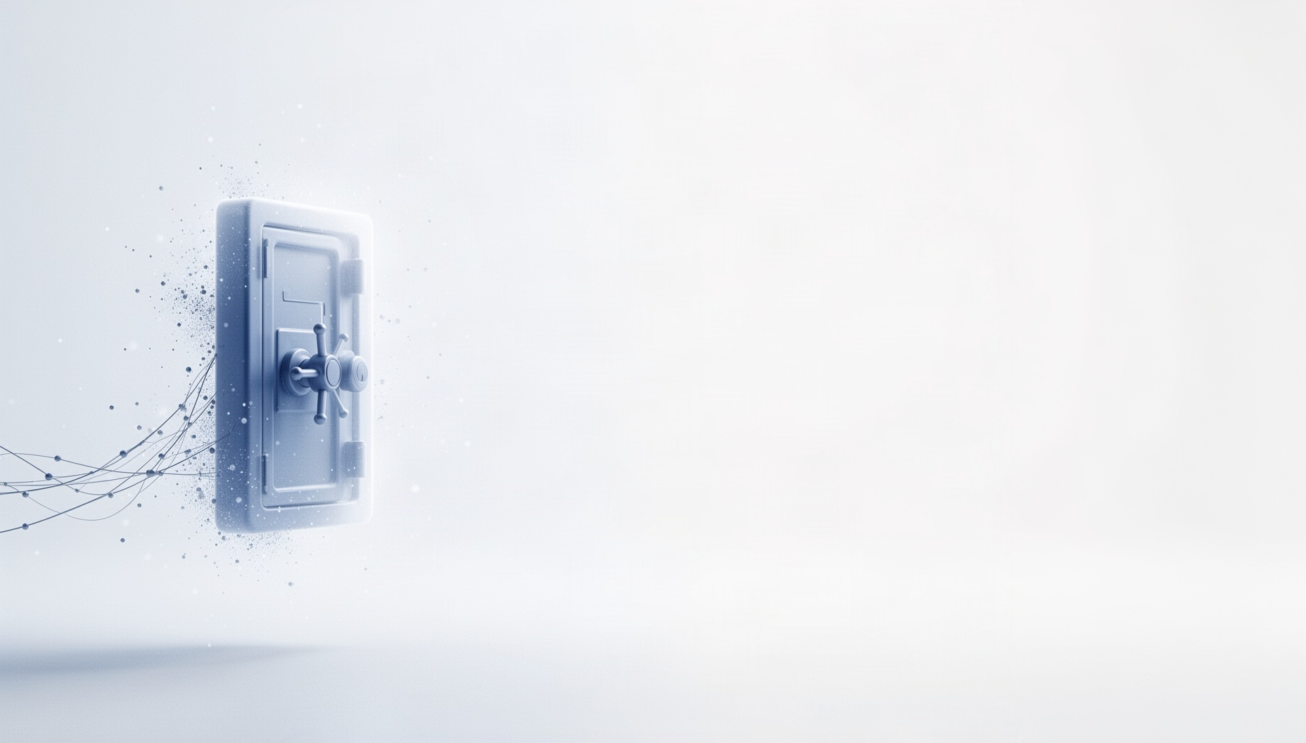 White PowerPoint background with a holographic vault grille bar on the left edge, pale blue accents
