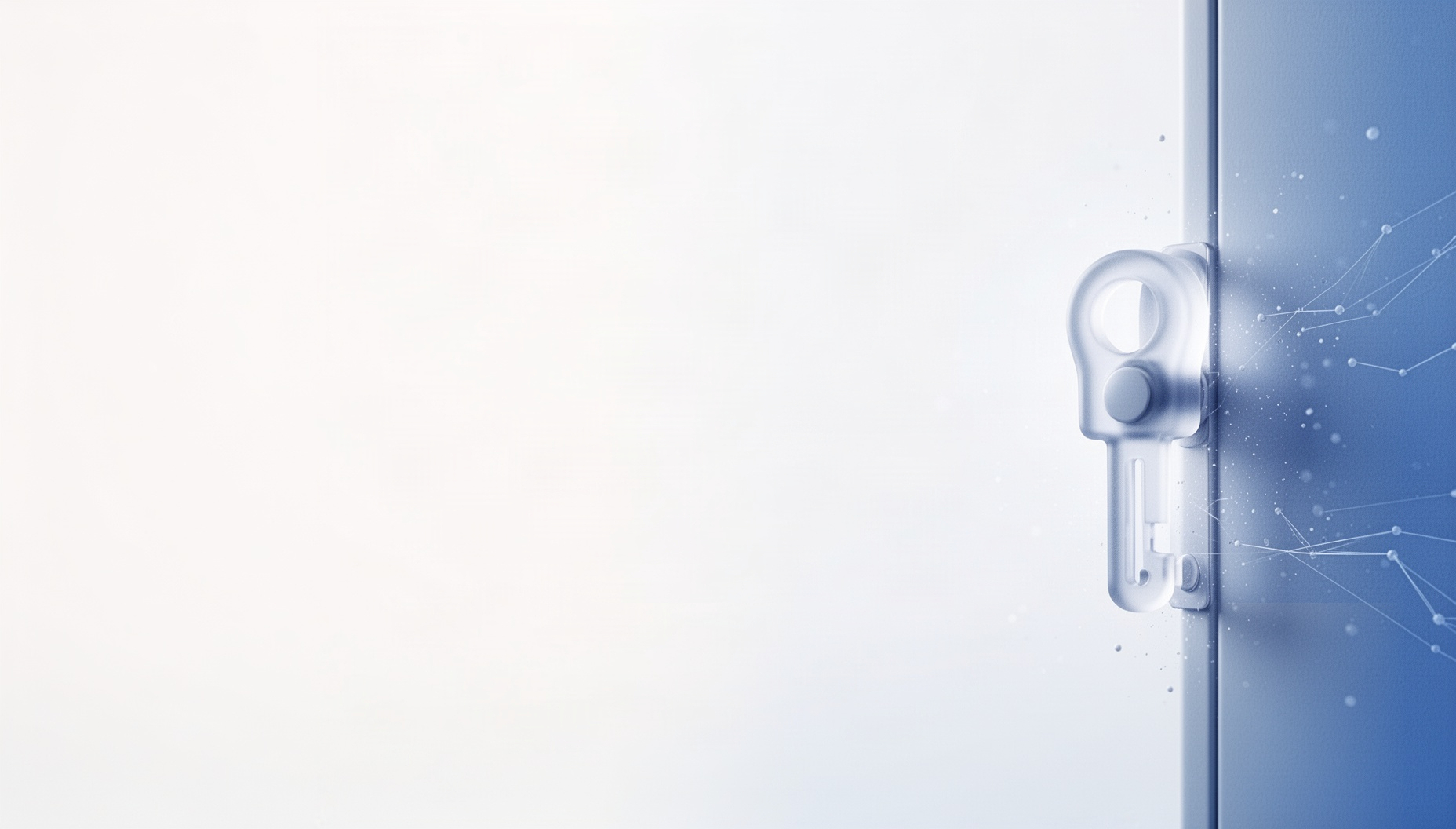 White PowerPoint background with a holographic safe bolt on the right edge, pale blue accents