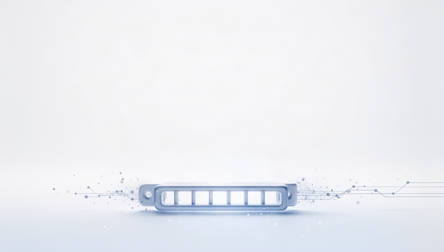 White PowerPoint background with a holographic teller window rail along the bottom edge, pale blue accents