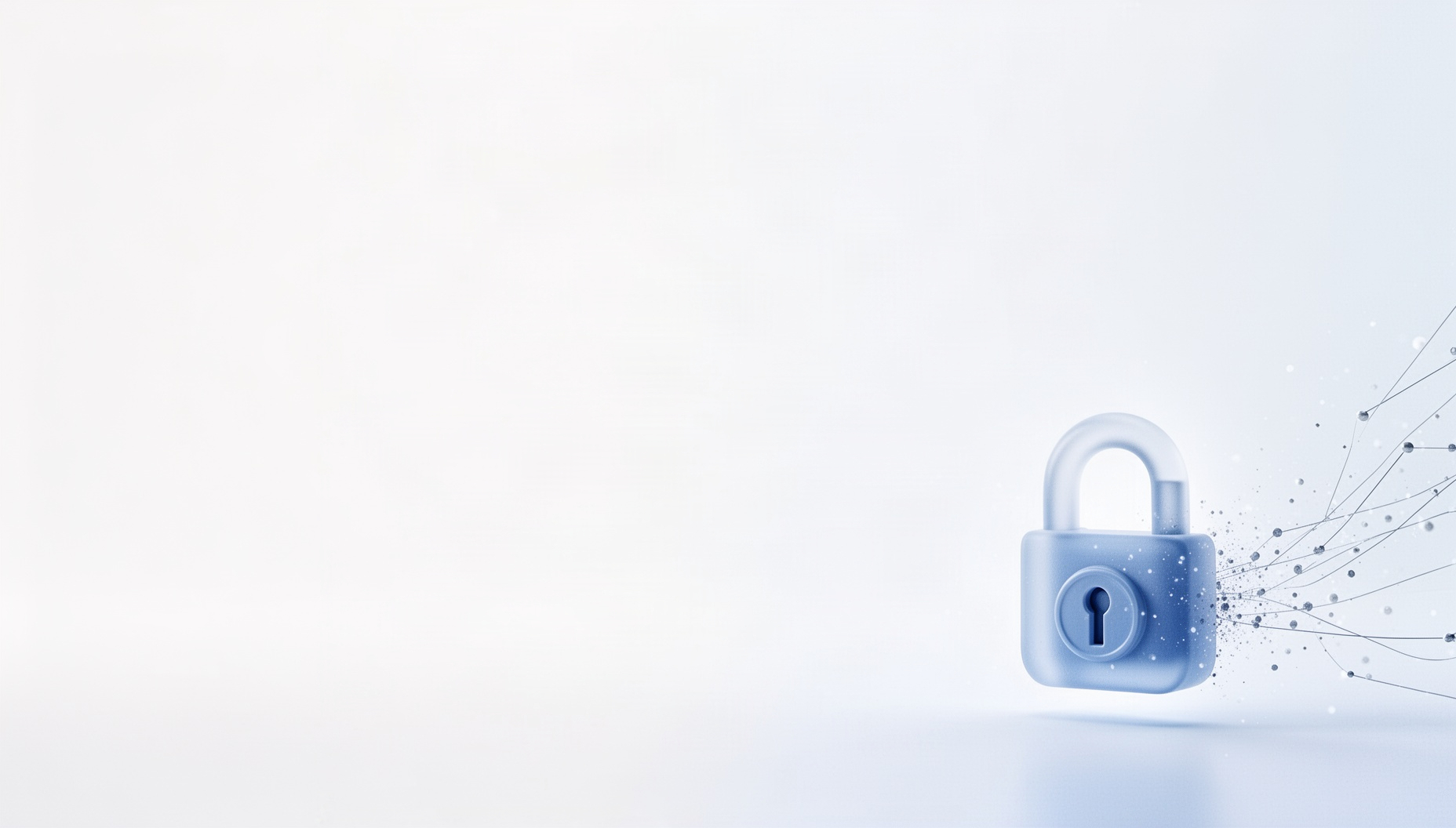 White PowerPoint background with a holographic padlock shackle in opposite corners, pale blue accents