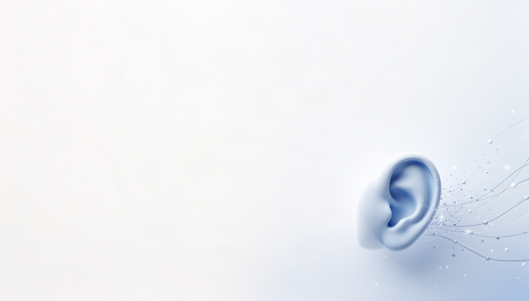 Cute background for slides with a holographic cartoon ear in opposite corners (top left, bottom right), white