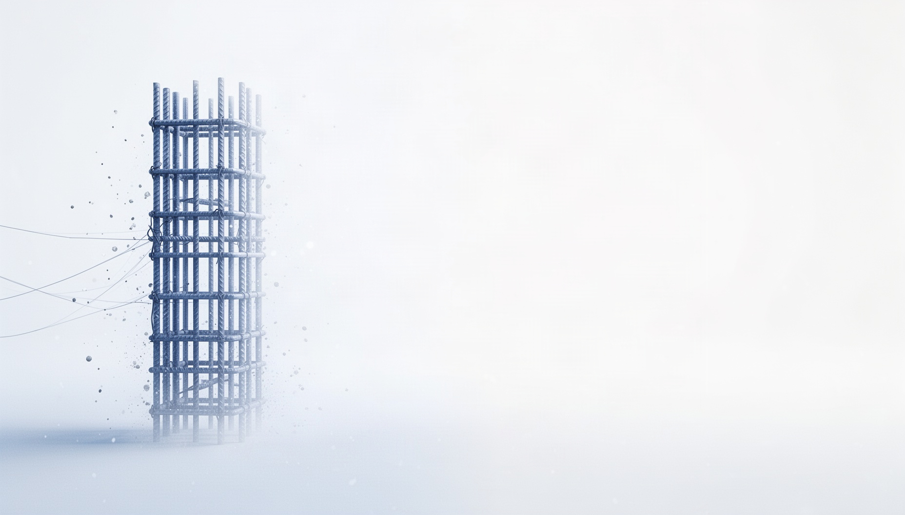 Construction slide background with a holographic rebar cage on the left edge, white