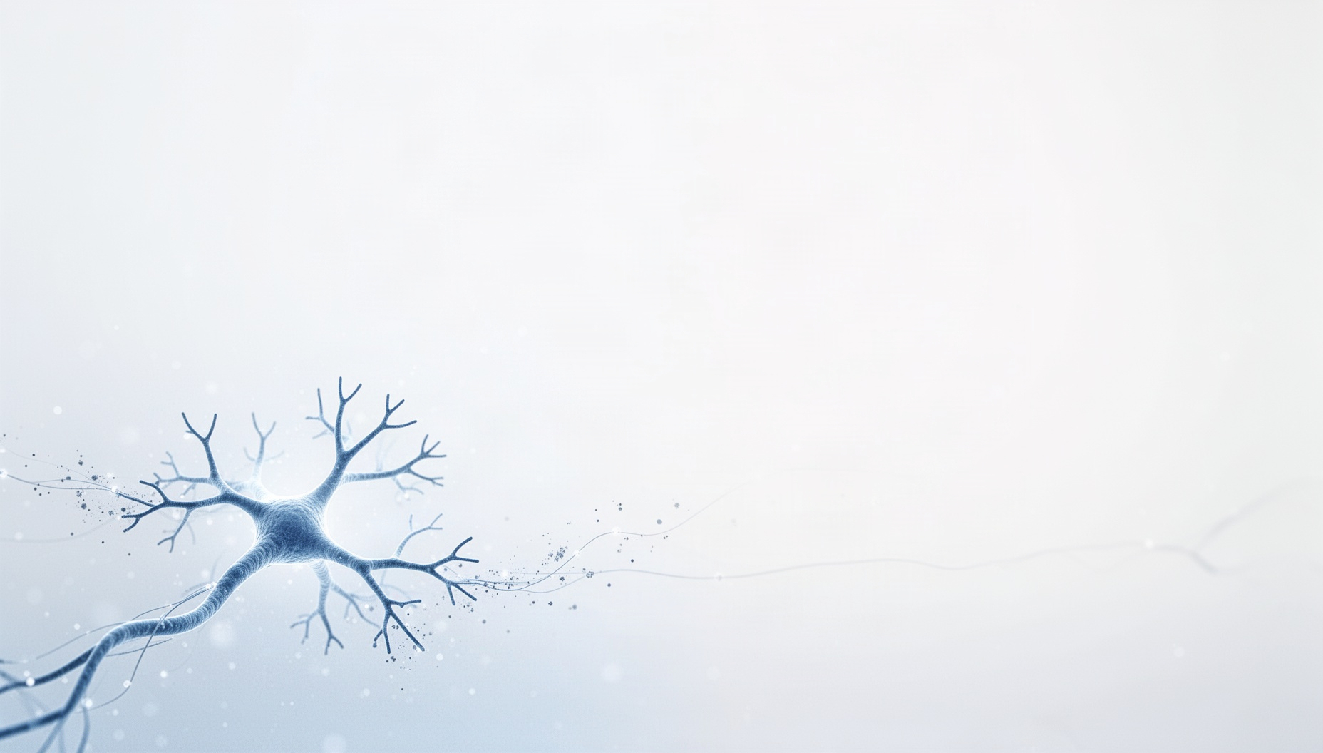 Neuron powerpoint background with a pale blue pyramidal neuron in opposite corners, white