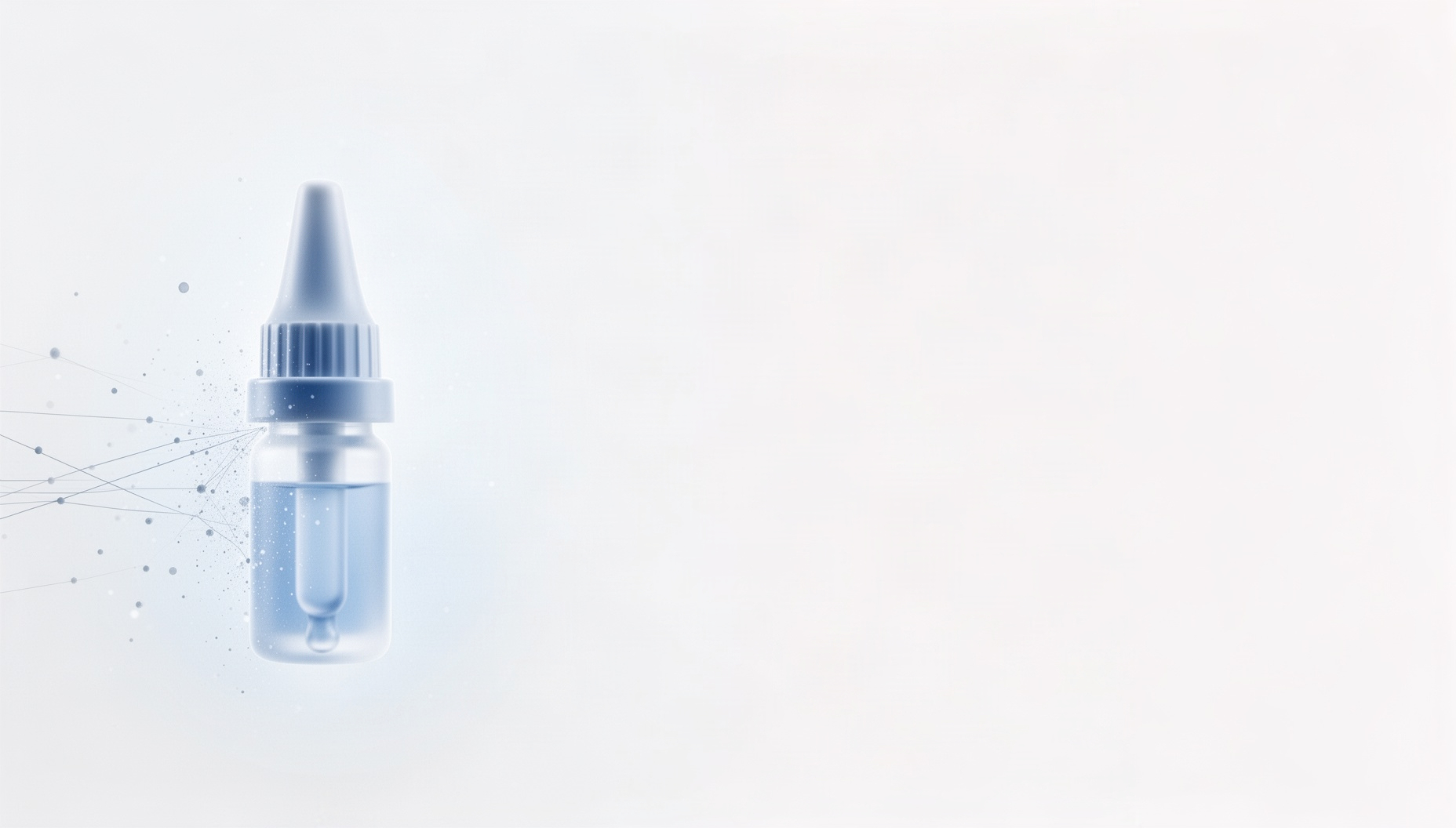 Light blue presentation background with a holographic eye-drop bottle on the left edge, white