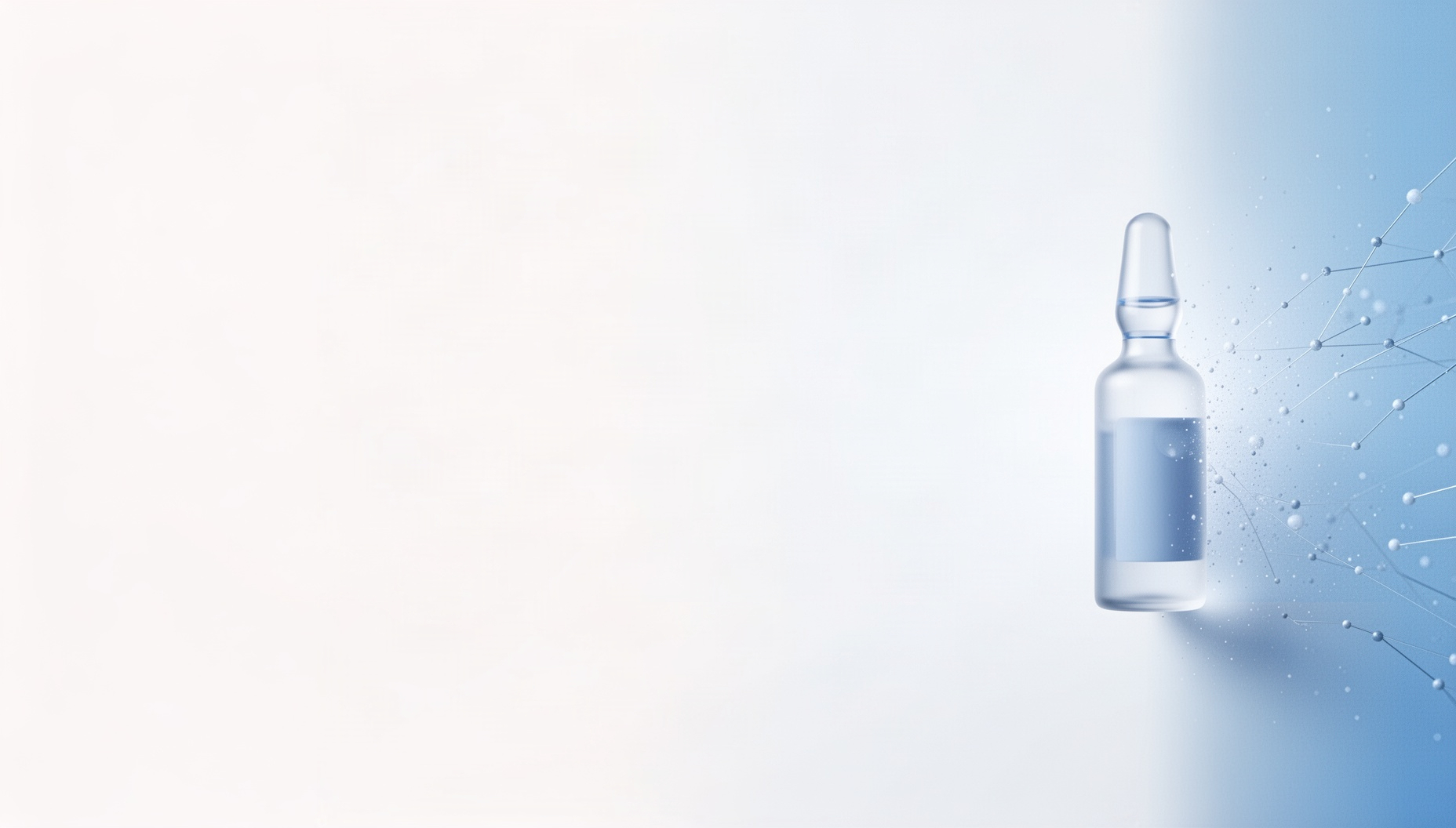 Light blue presentation background with a holographic ophthalmic vial on the right edge, white