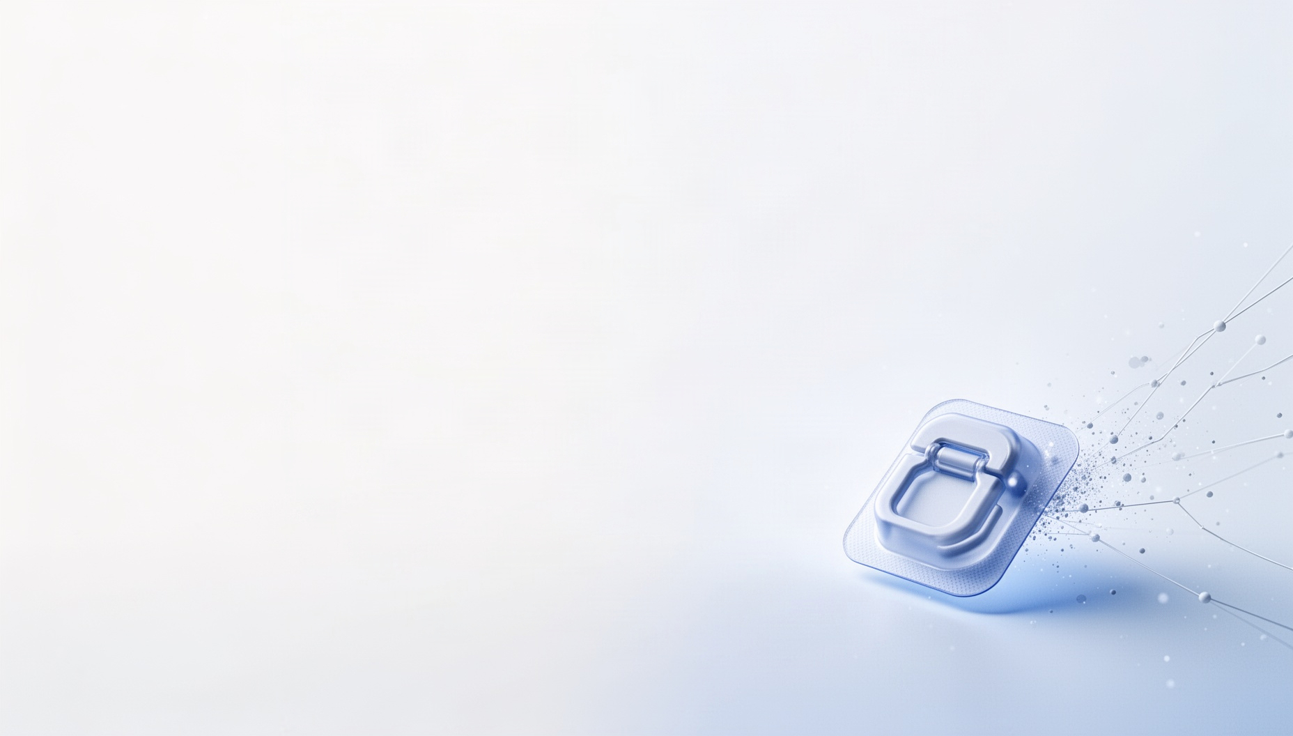 Light blue presentation background with a holographic lens blister in opposite corners, white
