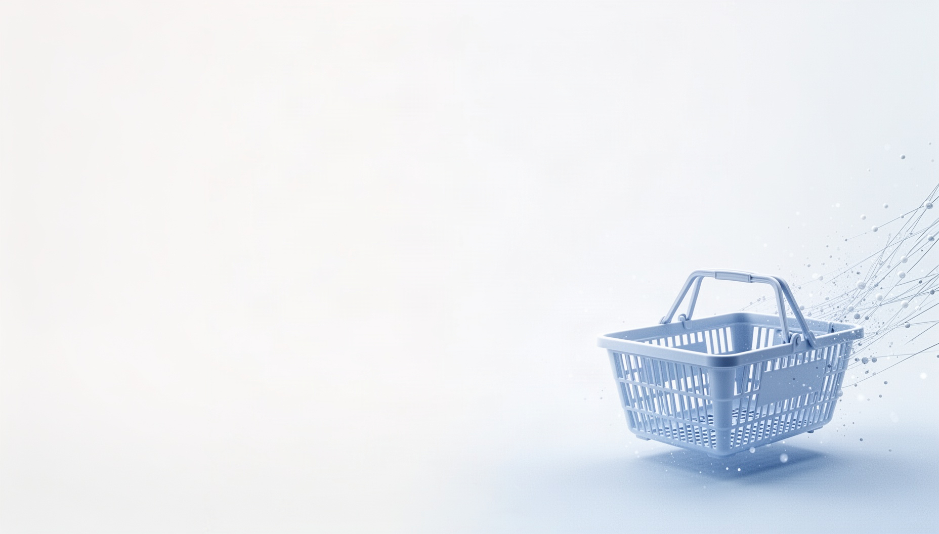 Retail PowerPoint background with a holographic shopping basket rim in opposite corners, white