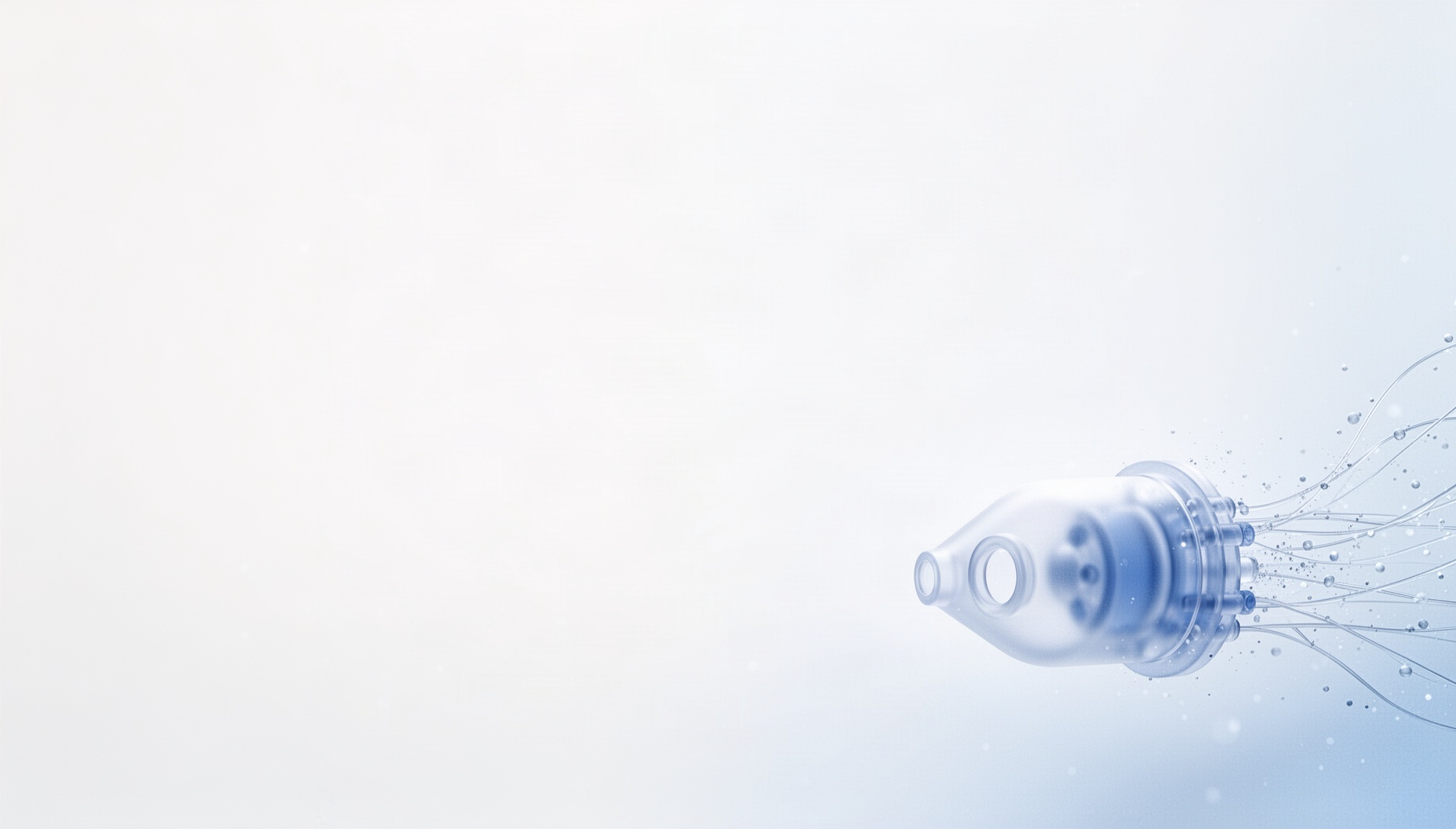 Medical slide background with a pale blue membrane oxygenator in opposite corners, white