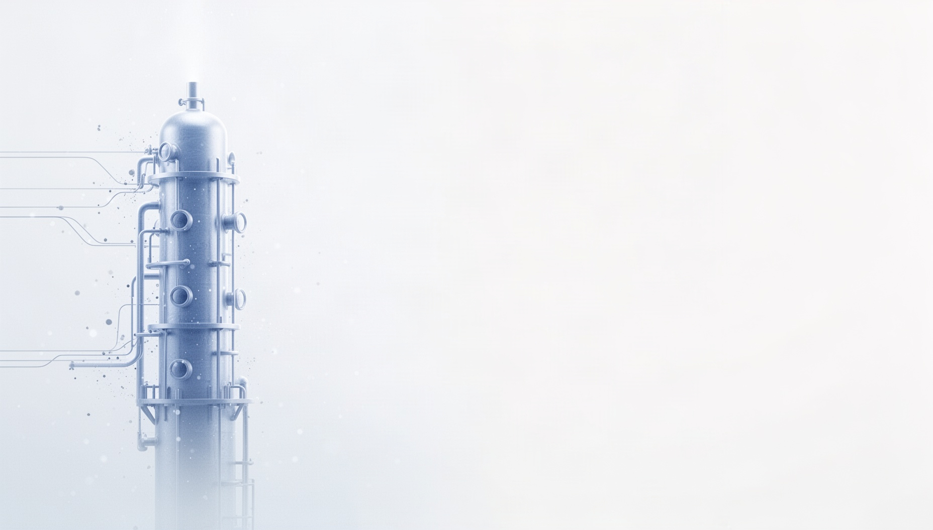Chemical engineering slide background with a holographic distillation column on the left edge, white