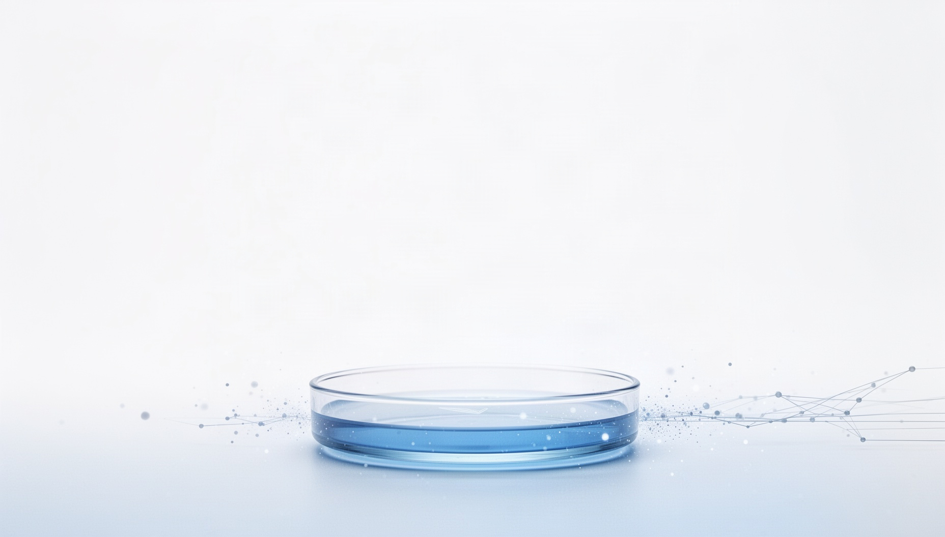 Science slides background with a holographic petri dish along the bottom edge, white