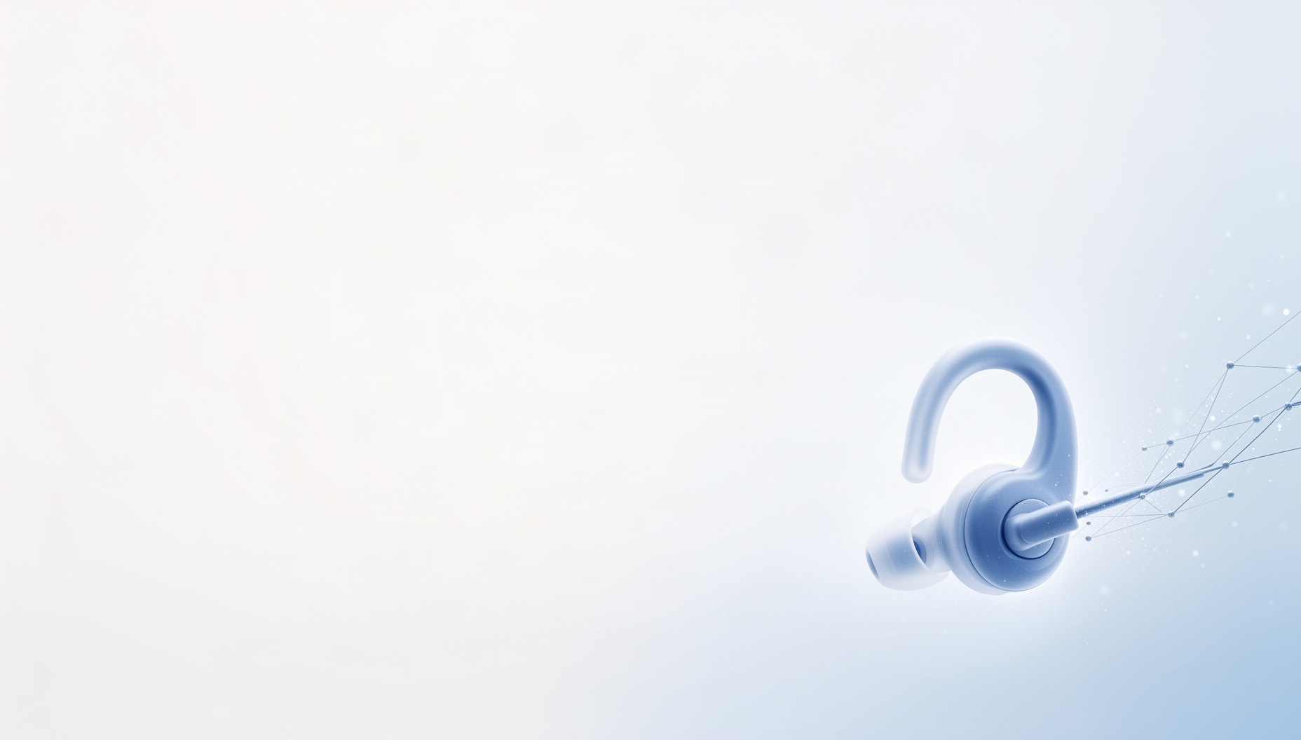 Meeting slide background with a holographic headset earpiece in opposite corners (top left, bottom right), white