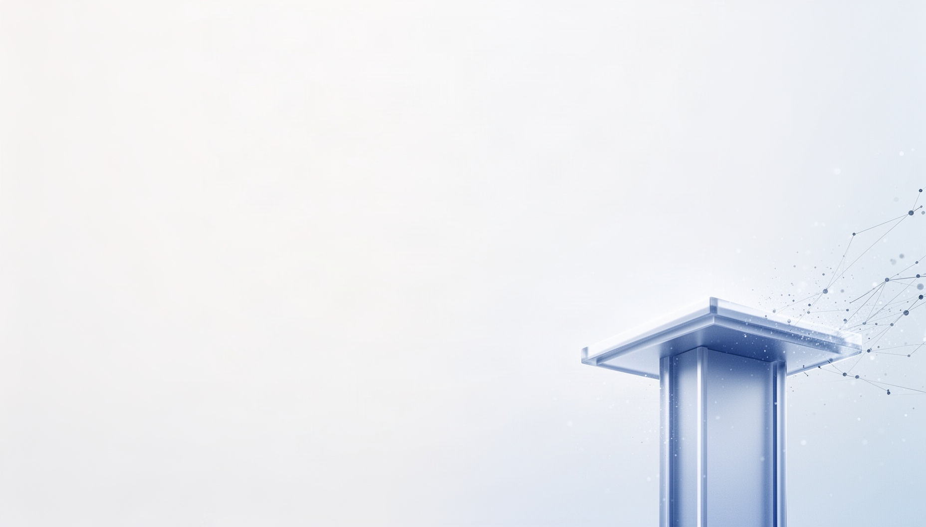 White slide background with a holographic lectern in opposite corners, white