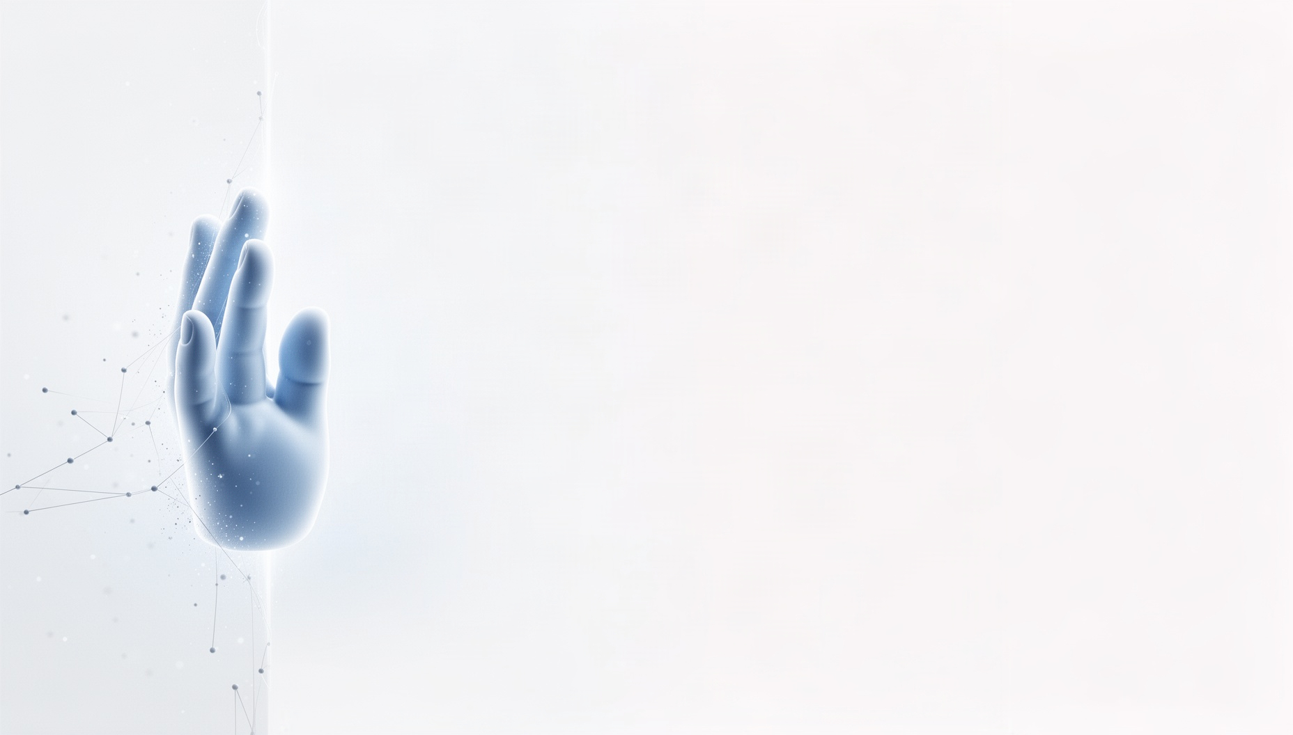 White background for Google Slides with a holographic upright hand on the left edge, pale blue