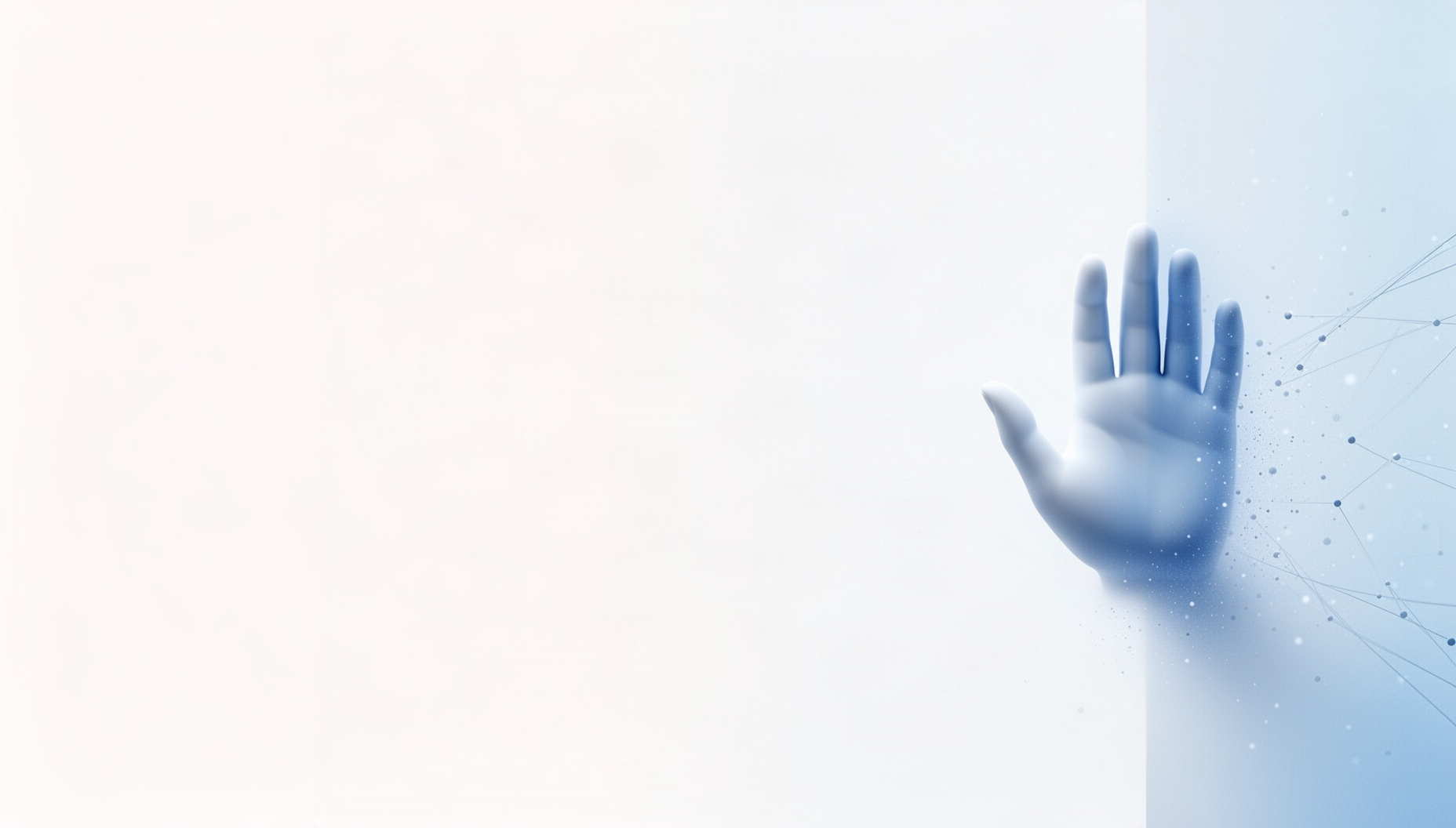 White background for Google Slides with a holographic raised hand on the right edge, pale blue