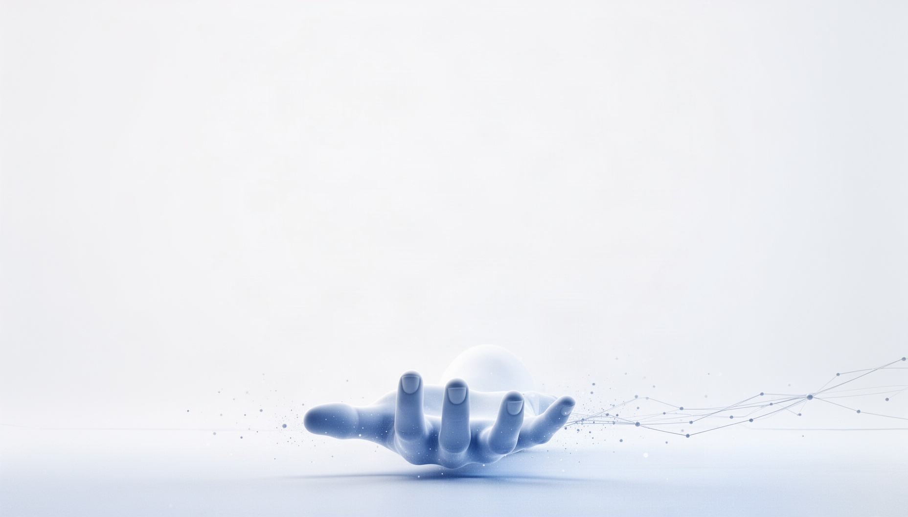White background for Google Slides with a holographic outstretched hand along the bottom edge, pale blue