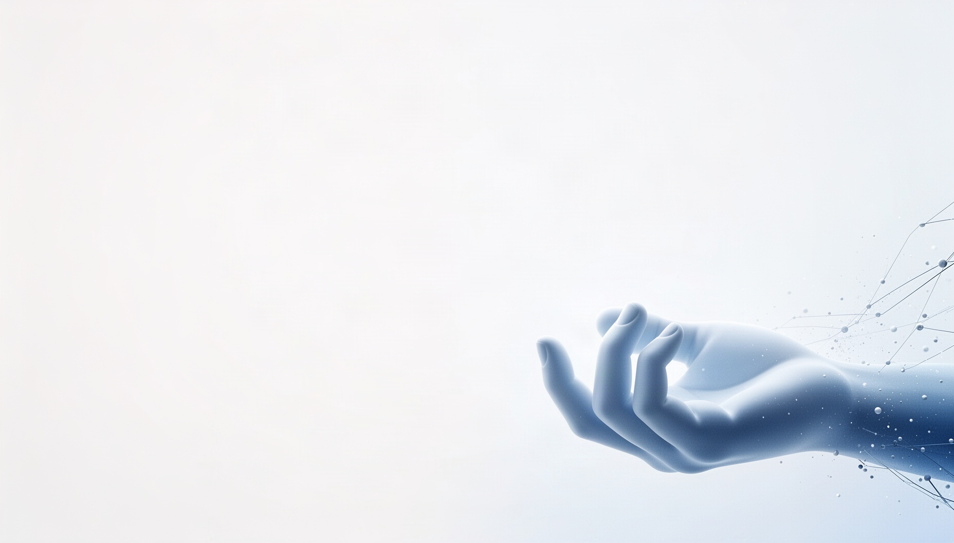 White background for Google Slides with a holographic cupped hand in opposite corners, pale blue