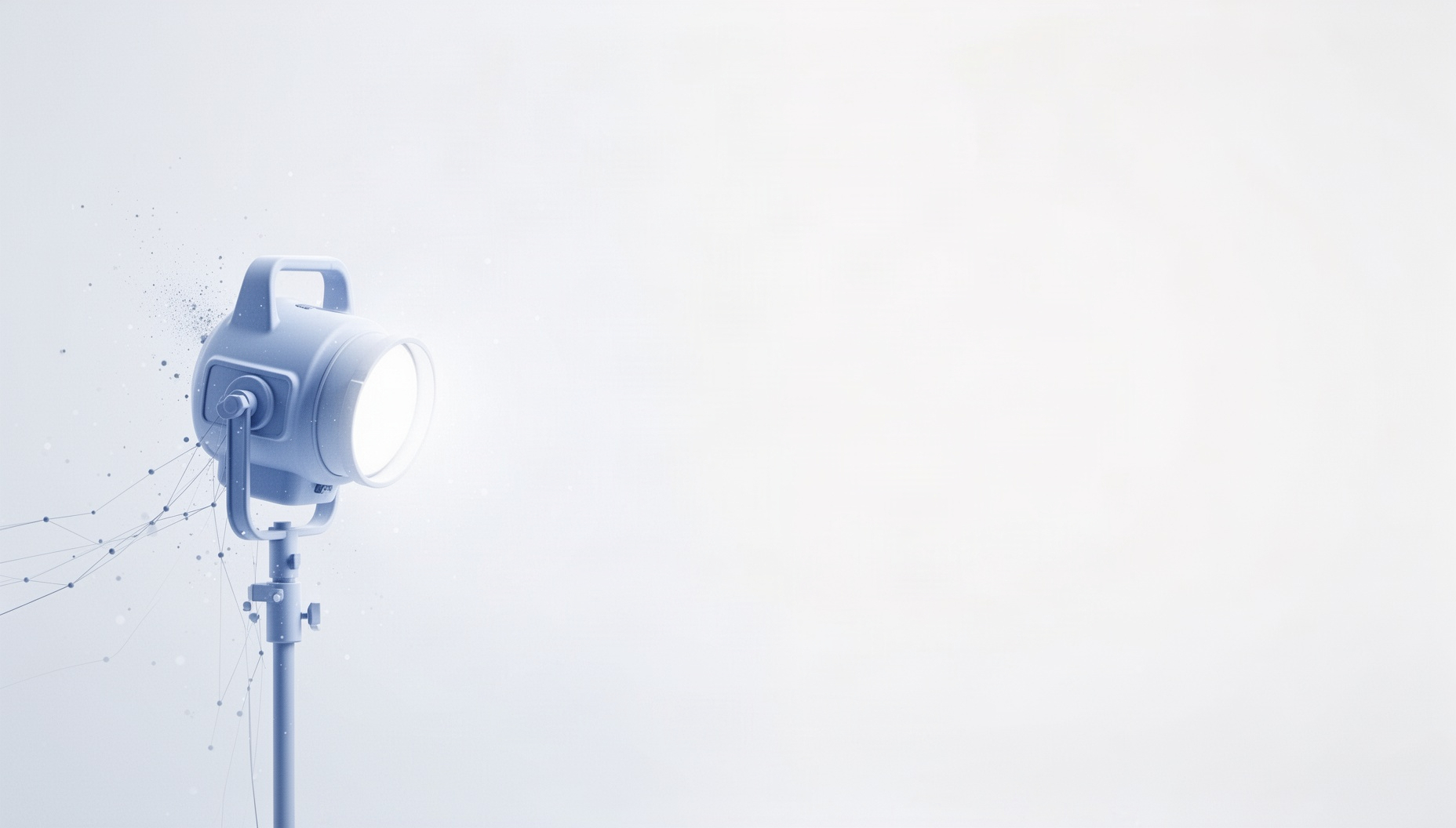 Film powerpoint background with a holographic studio light yoke on the left edge, white