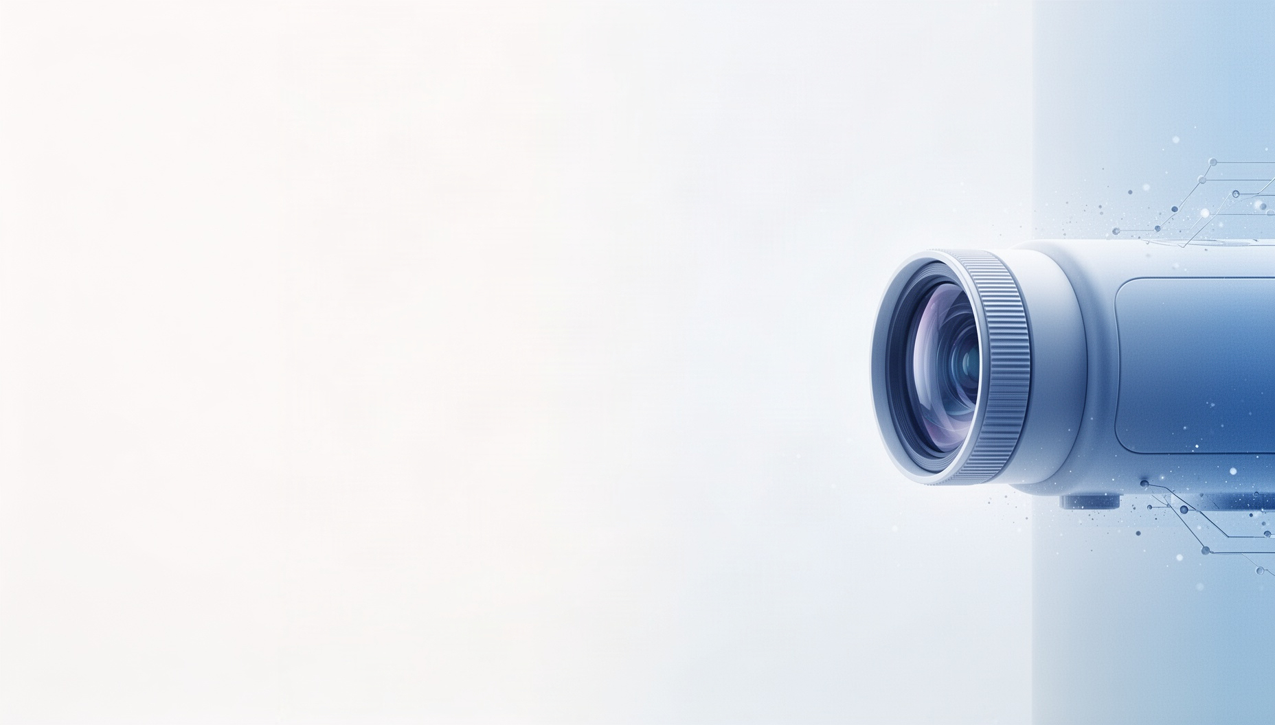 Film powerpoint background with a holographic projector lens barrel on the right edge, white
