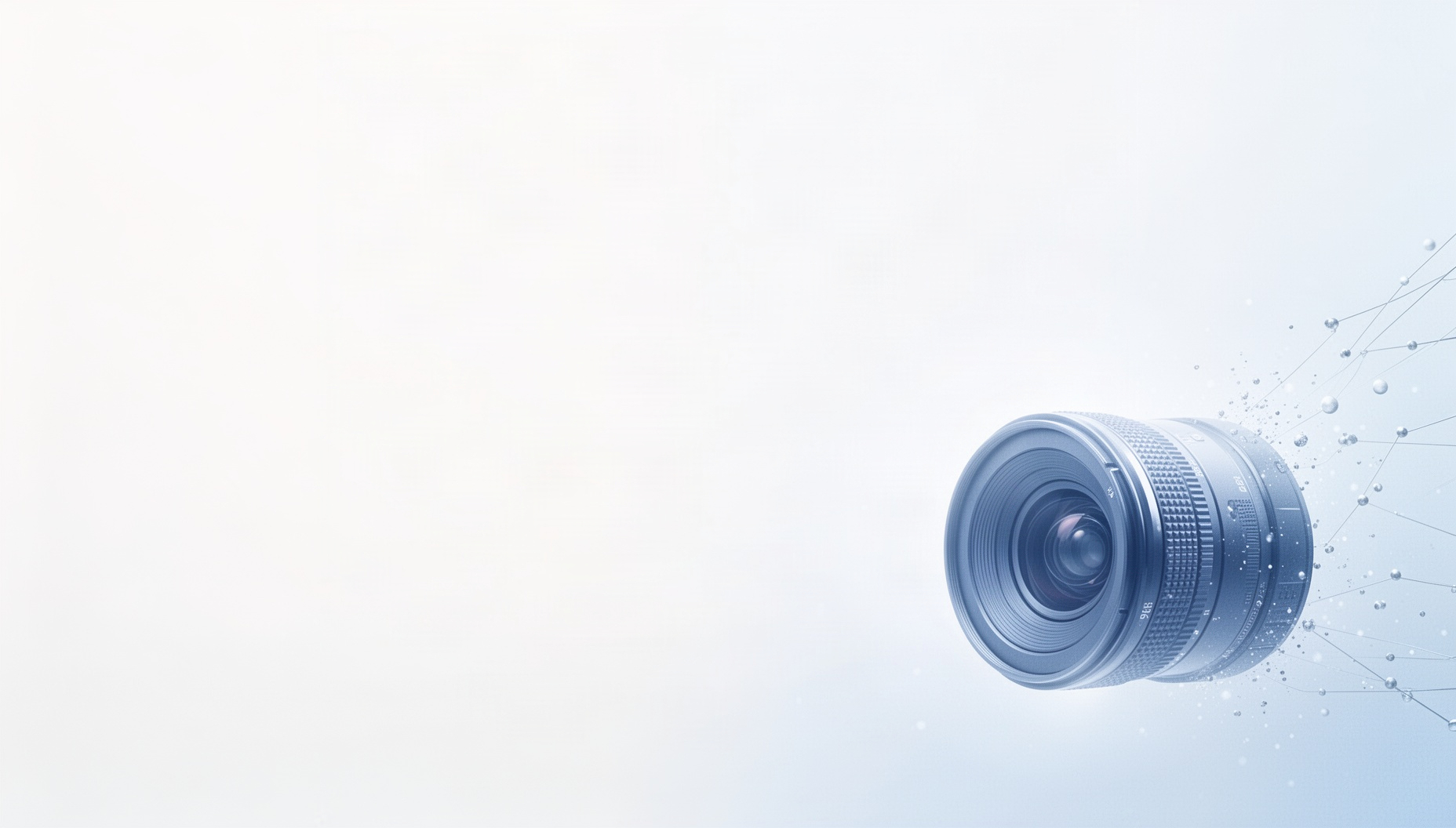 Film powerpoint background with a holographic camera lens in opposite corners (top left, bottom right), white