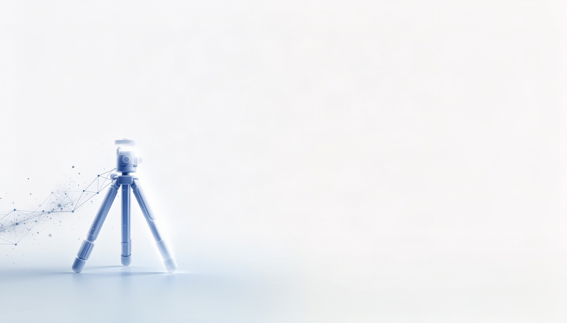 Film powerpoint background with a holographic tripod leg in opposite corners (bottom left, top right), white