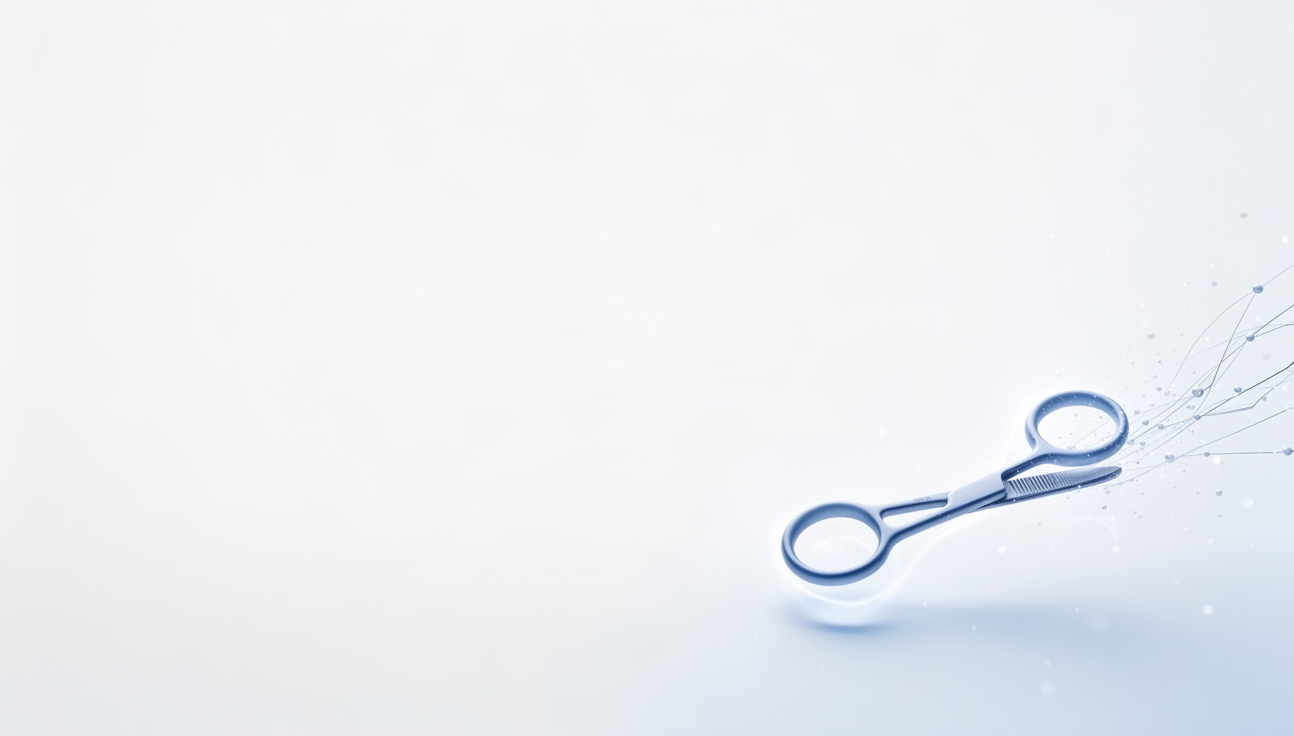 Surgery slide background with a holographic surgical scissors handle in opposite corners (top left, bottom right), white
